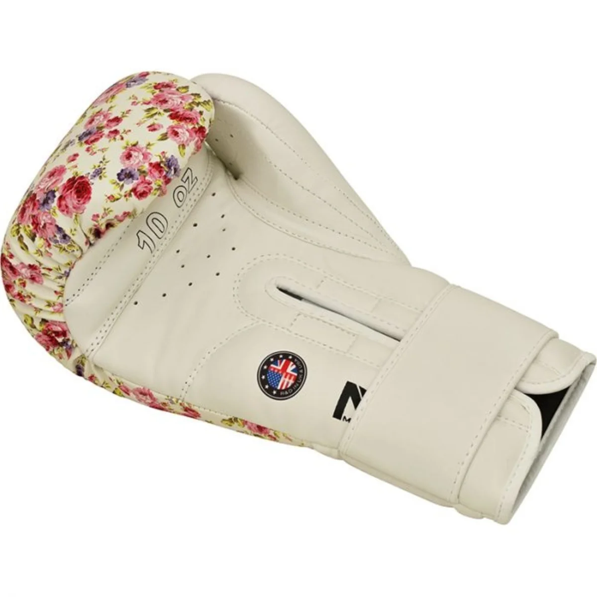 White boxing glove with floral design on top.  It has a strap closure and a black and white logo.