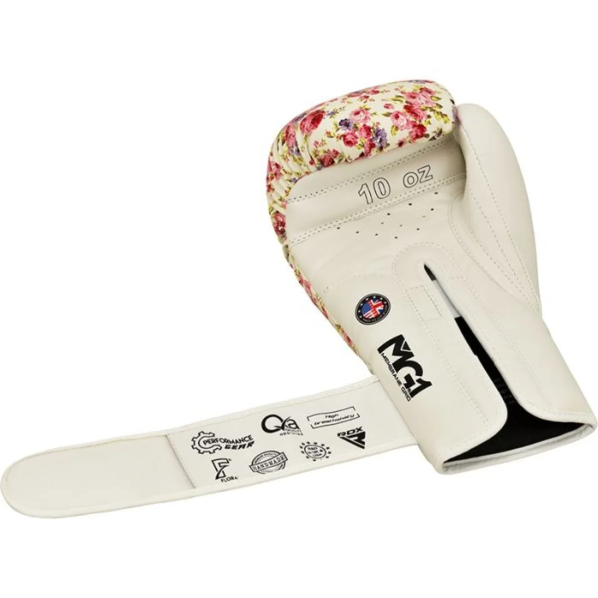 White and floral boxing glove with a white strap. 10 oz label on the glove.