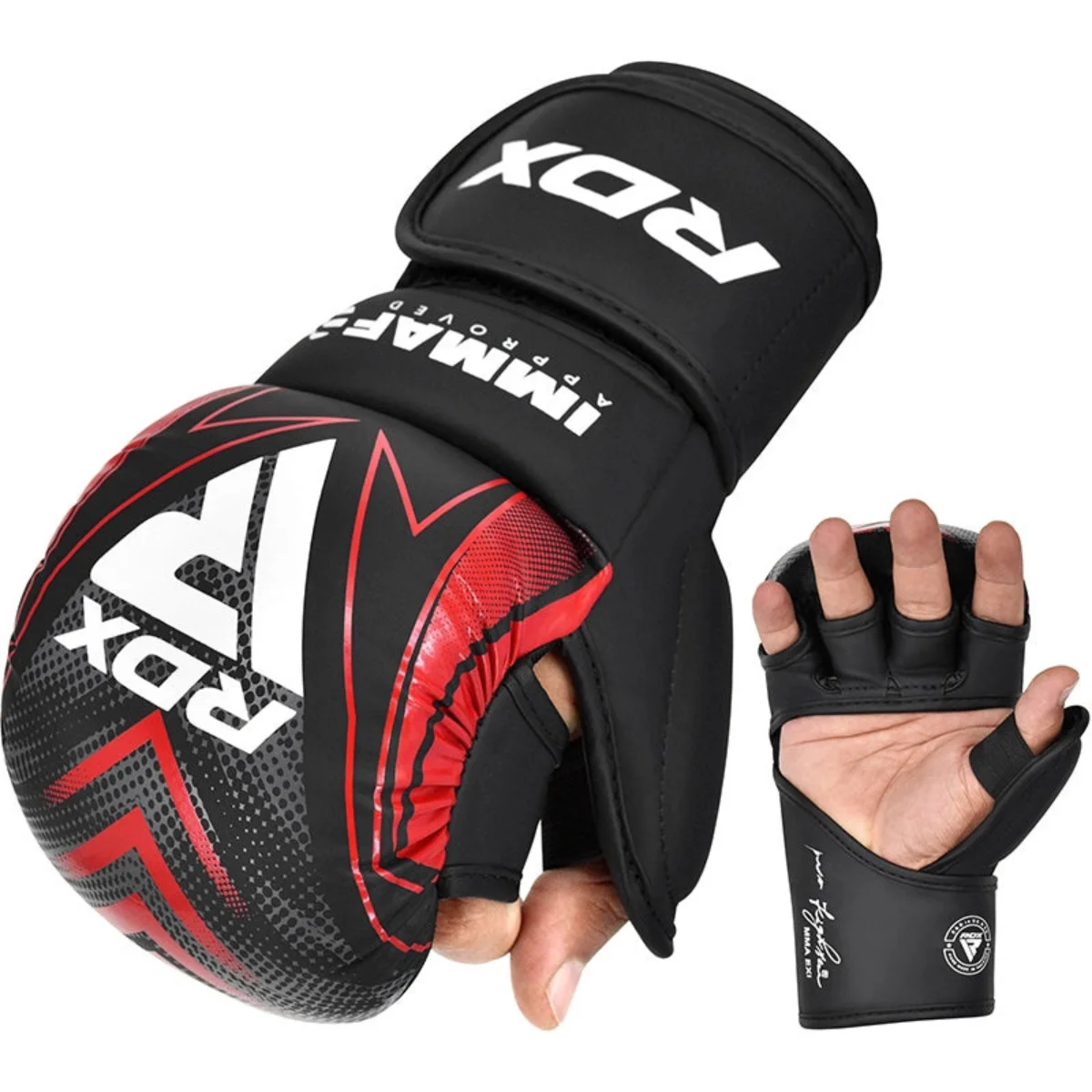 Gants de MMA noirs et rouges avec le logo RDX. Les gants ont un design sans doigts.