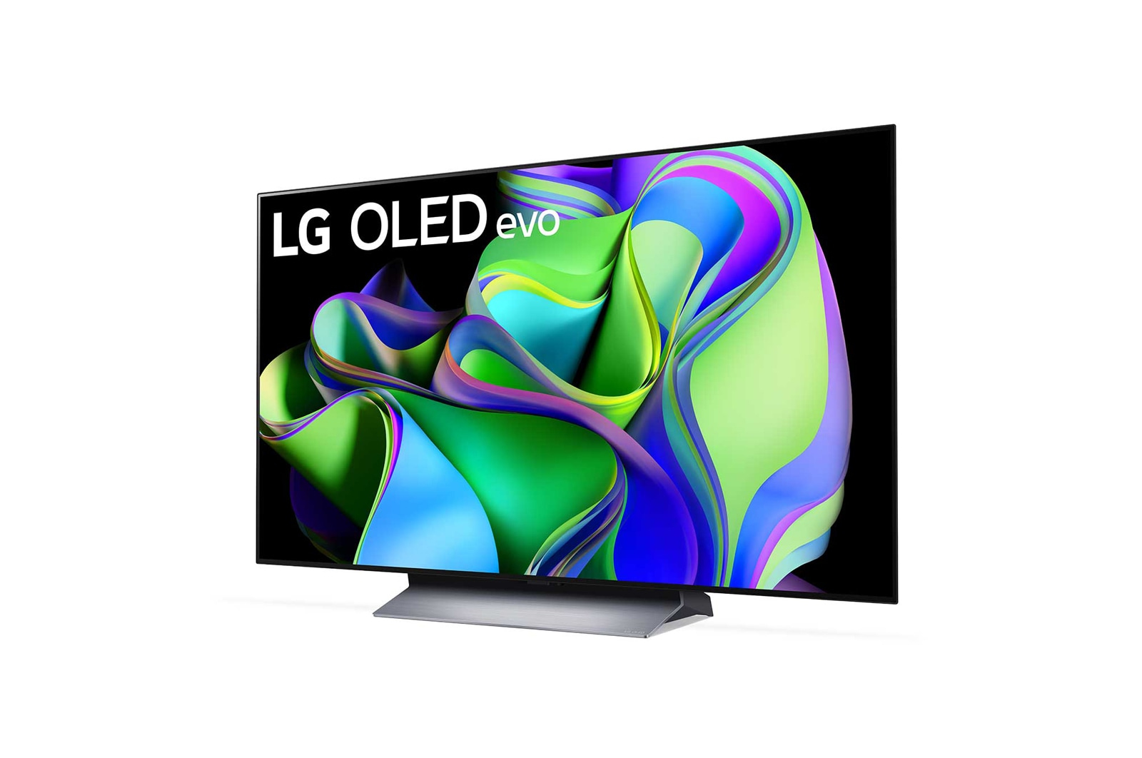 Telewizor LG OLED evo z żywą, kolorową grafiką abstrakcyjną na ekranie, na srebrnej podstawie, białe tło.