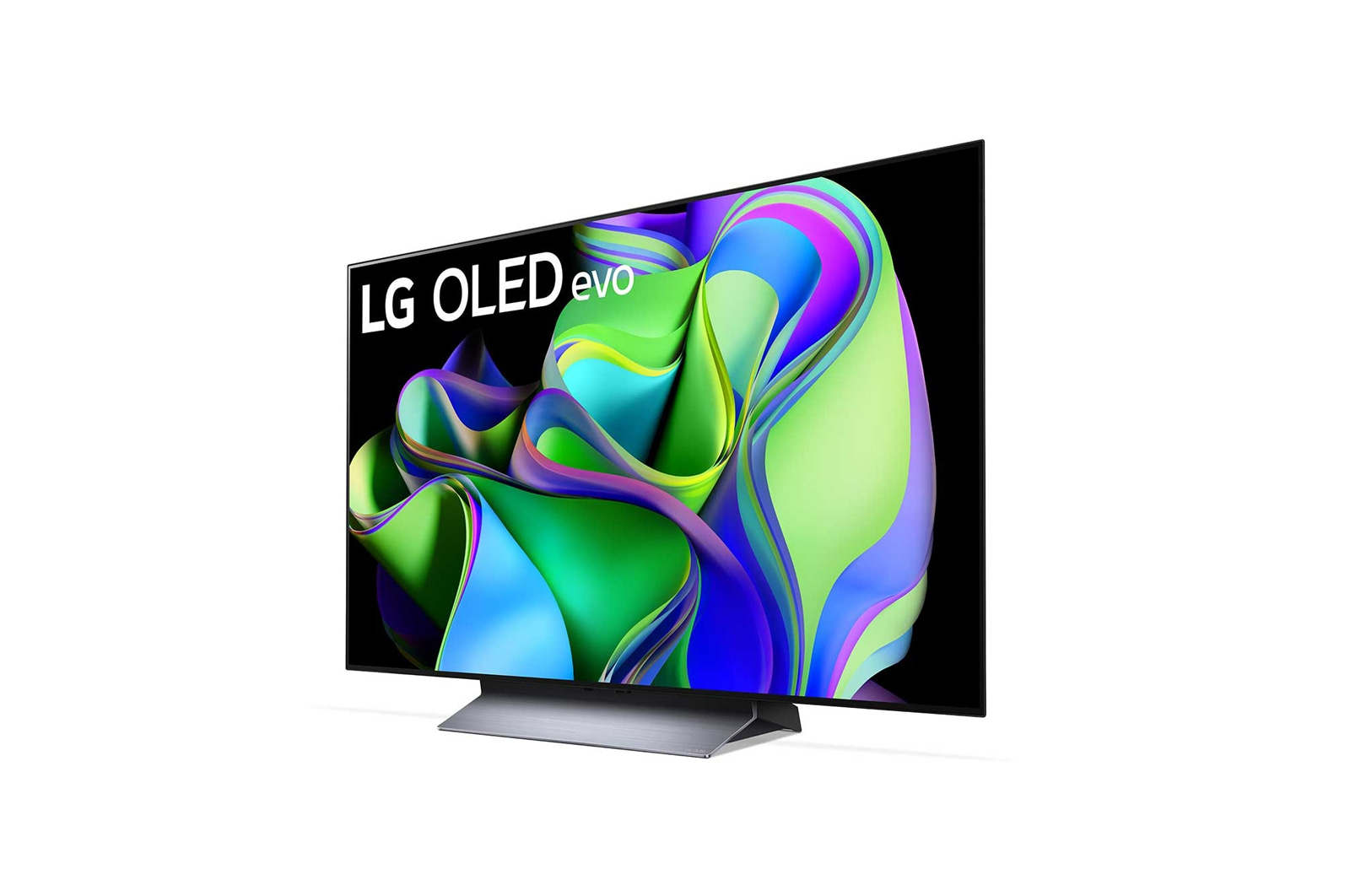 Telewizor LG OLED evo wyświetlający kolorowy, abstrakcyjny obraz.