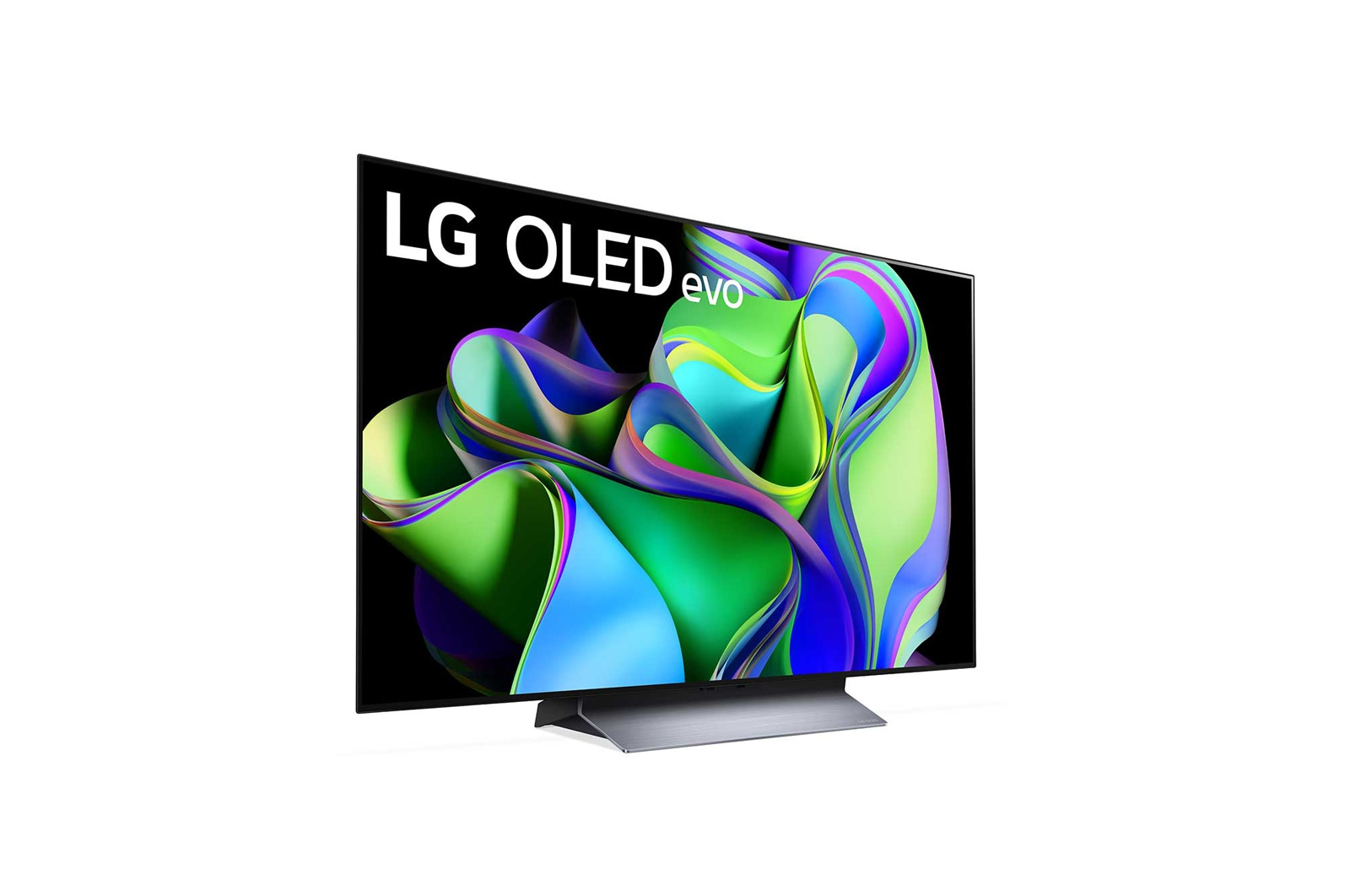 Telewizor LG OLED evo z kolorowym, abstrakcyjnym wyświetlaczem na czarnym tle.
