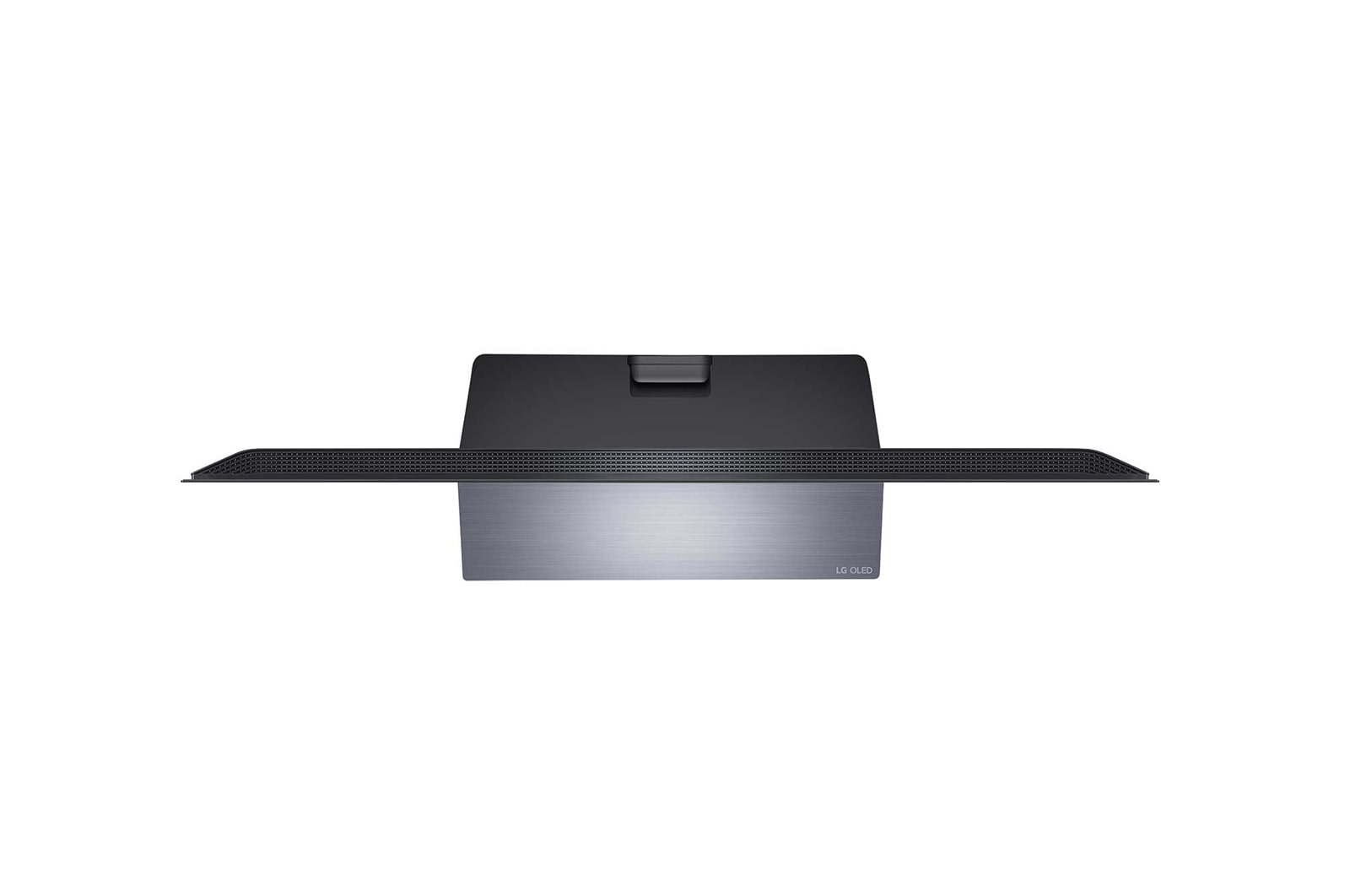 Czarny telewizor, widok z góry. Widoczny jest stojak, a ekran jest wyłączony.