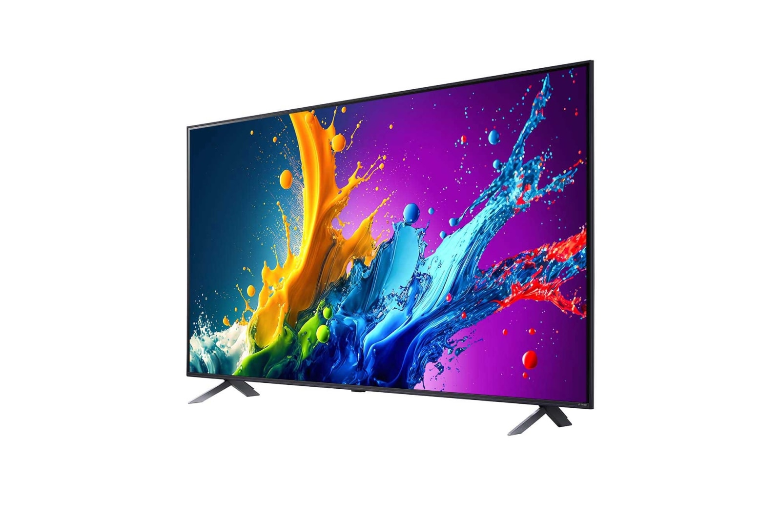 Draufsicht auf einen Fernseher mit schwarzem Bildschirm, auf weißer Oberfläche und silbernem Sockel.
