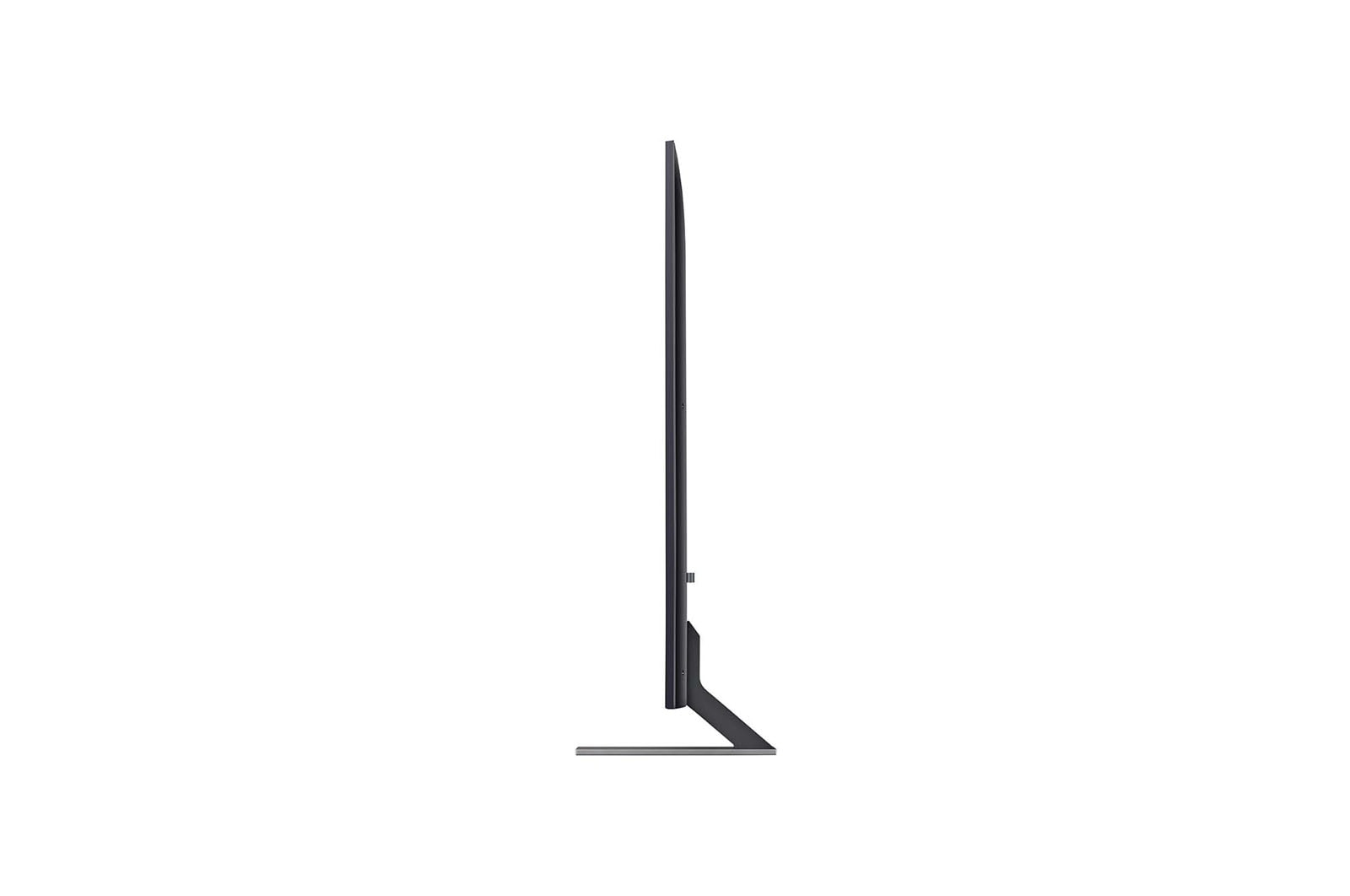 La vista laterale di una TV con cornice e supporto neri.