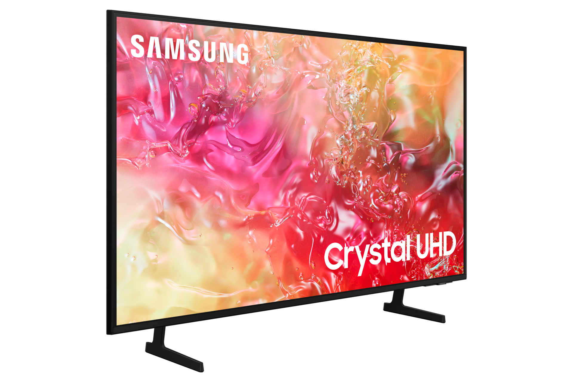 TV Samsung. Sfondo astratto colorato. Cornice e supporto neri.