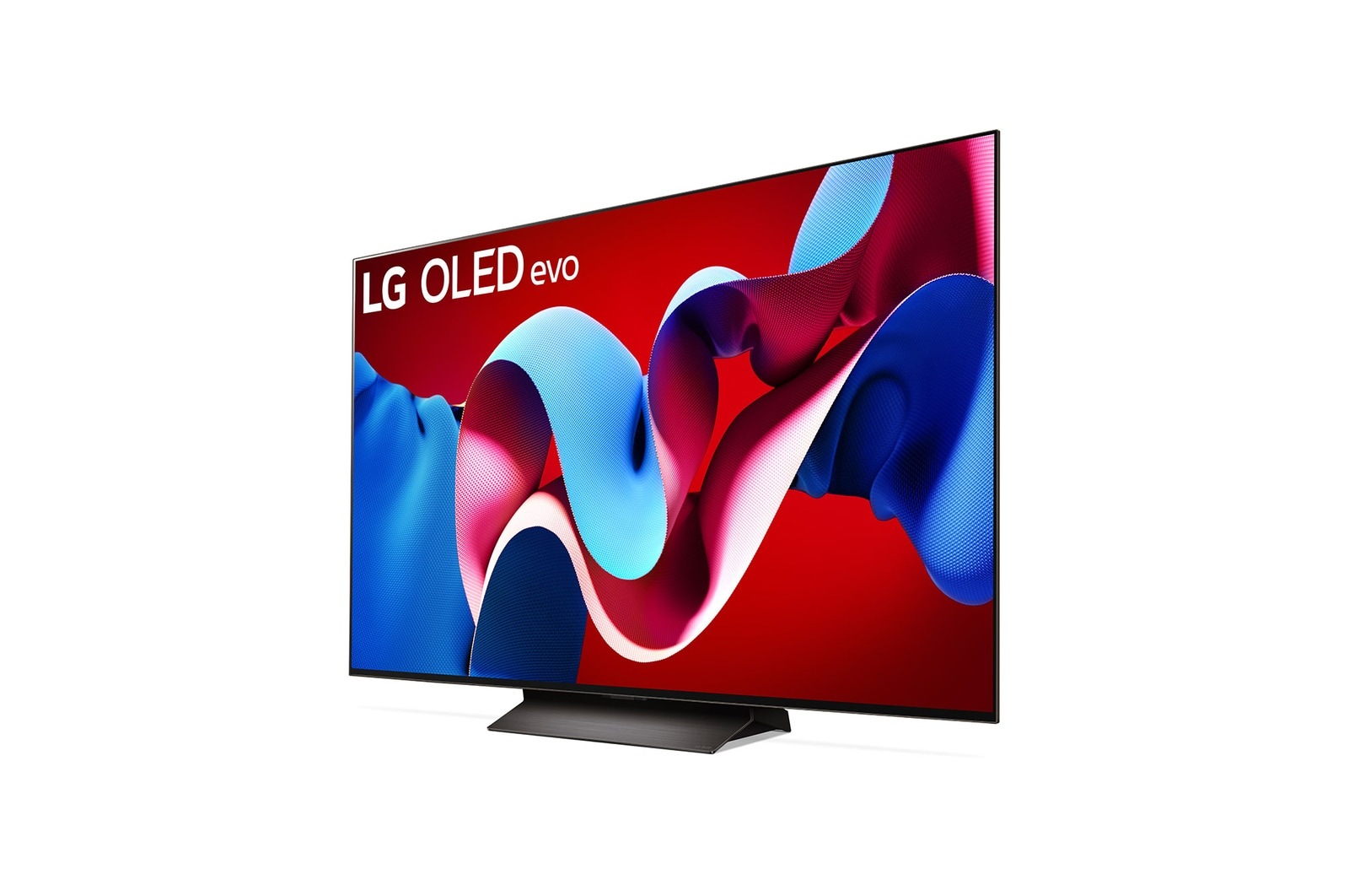 Telewizor z kolorowym ekranem i napisem LG OLED evo. Ma czarną podstawę.