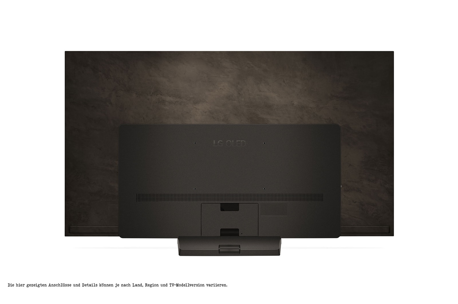 Tył telewizora ze stojakiem, widok z góry na białym tle.