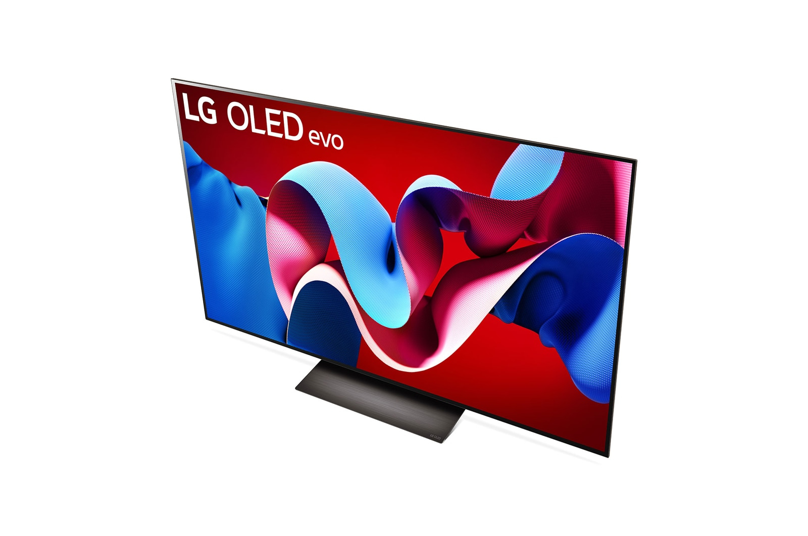 Telewizor LG OLED evo. Czarna ramka. Czerwone, niebieskie i białe abstrakcyjne tło. Widok z góry.