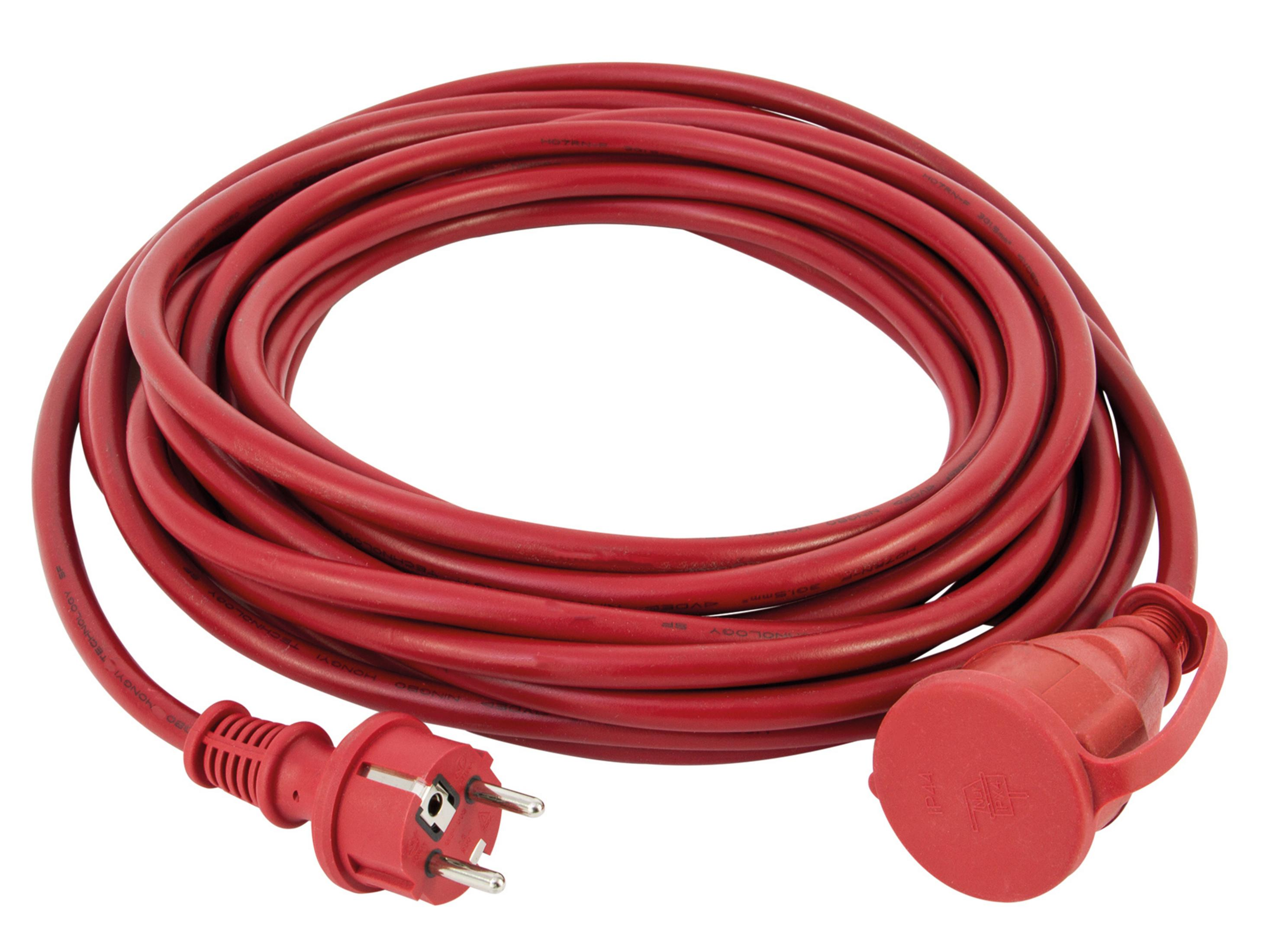 Ein aufgerolltes rotes Verlängerungskabel mit rotem Stecker und Steckdose.