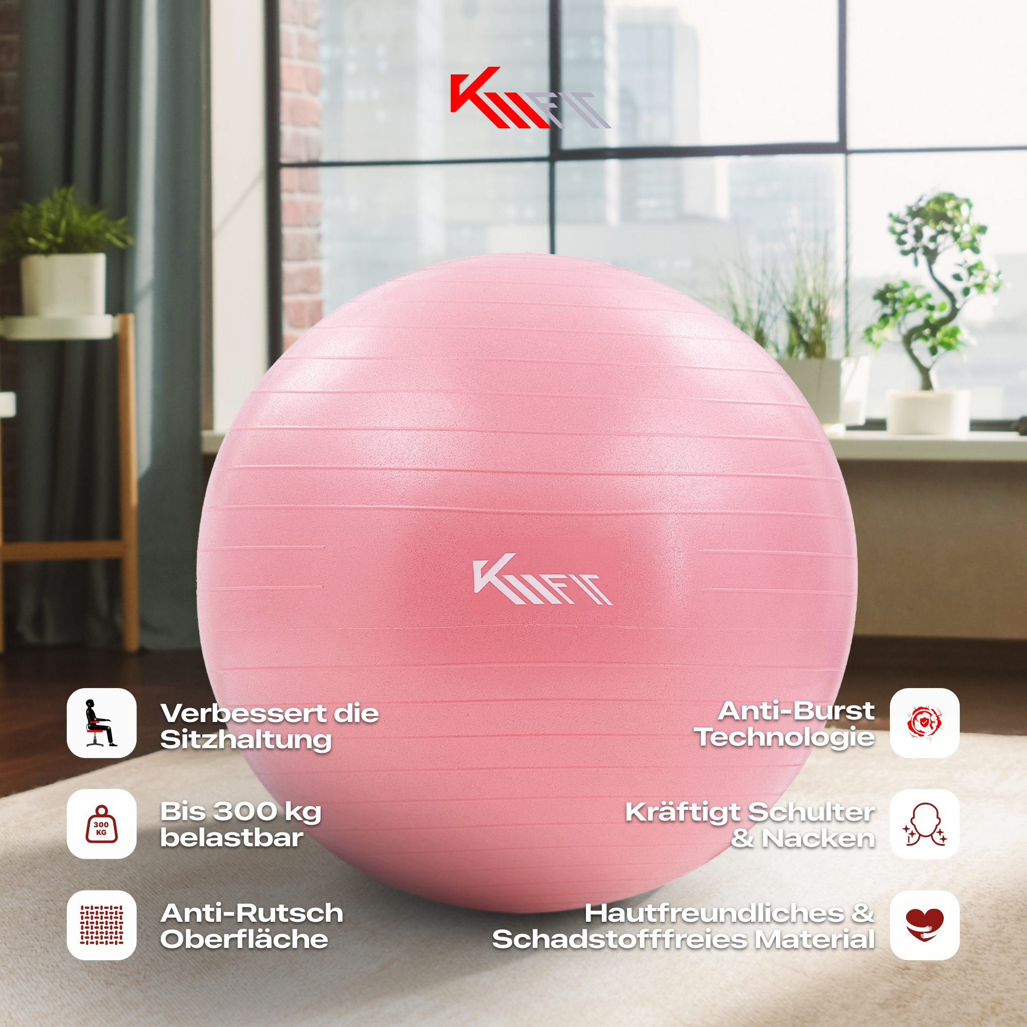 Rosa Gymnastikball. Mit Texten wie Anti-Burst, Anti-Rutsch und stärkt Schultern und Nacken.
