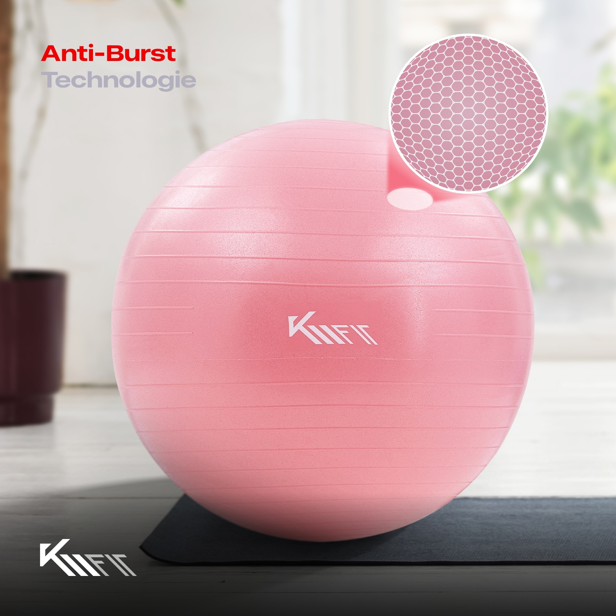 Rosa Gymnastikball mit Nahaufnahme der Anti-Burst-Technologie.