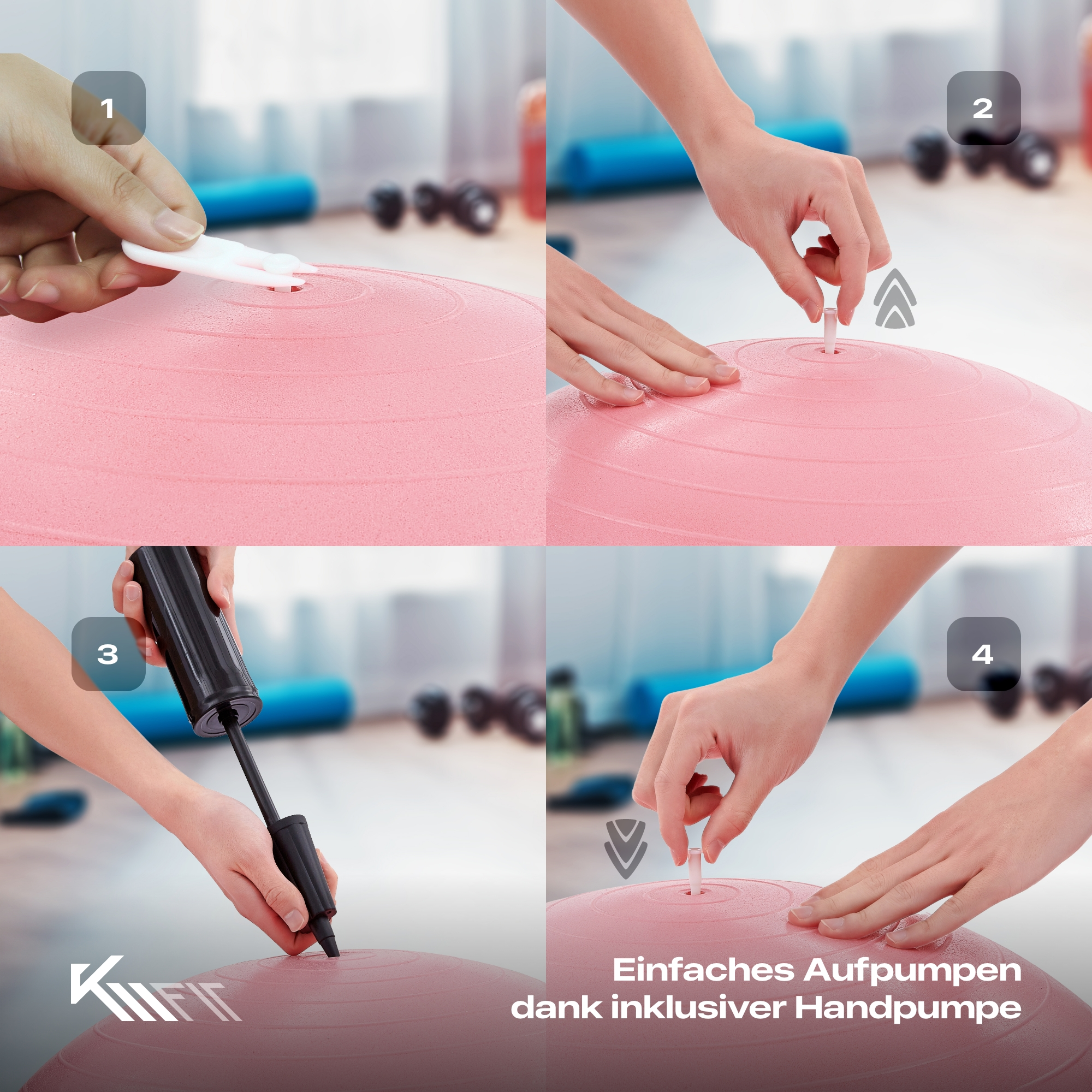 Vier Bilder, die den Vorgang des Aufpumpens eines rosa Gymnastikballs mit einer Handpumpe zeigen. Die Schritte sind nummeriert.