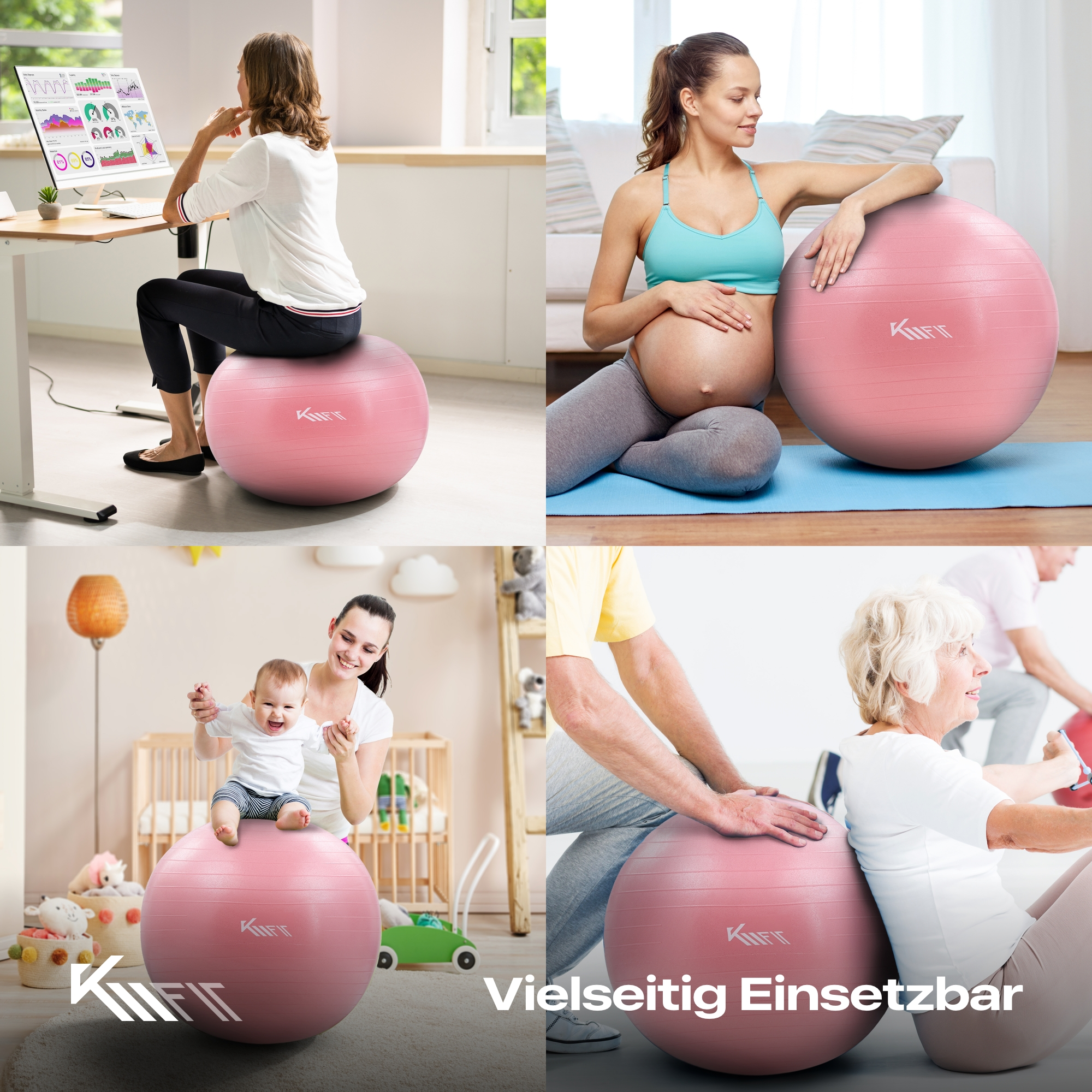Mehrere Bilder zeigen Personen, die einen rosa Gymnastikball verwenden.