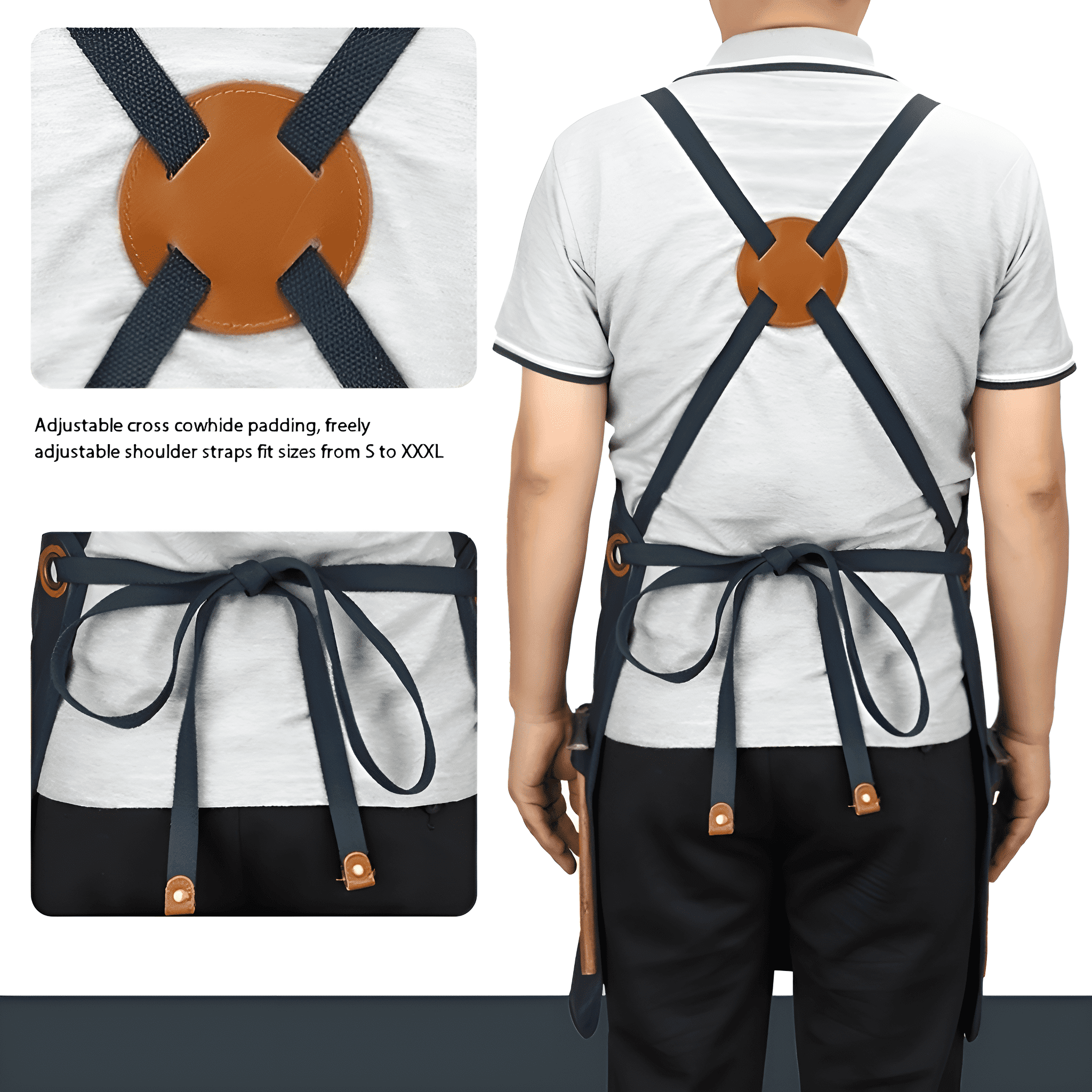 Schürzen-Details. Kreuz-Träger mit Lederpatch, verstellbare Passform und Bindung an der Taille.