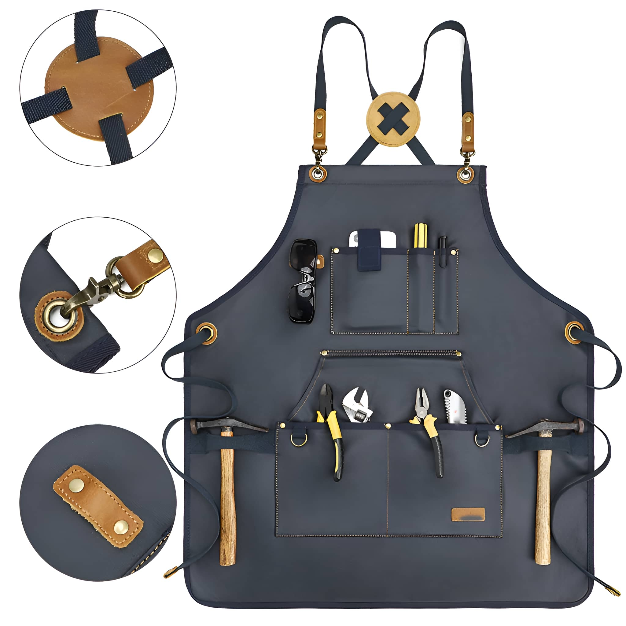 Eine blaue Schürze mit Taschen und Werkzeugen. Es gibt Nahaufnahmen von Gurtdetails.