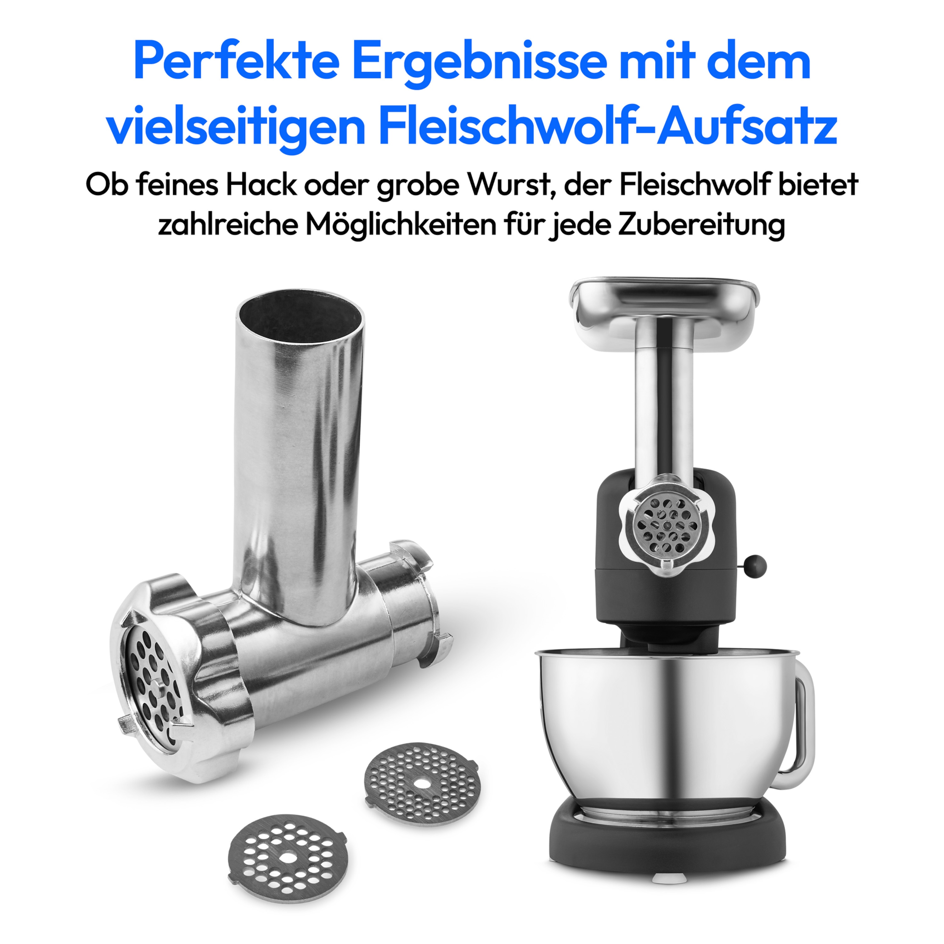 Fleischwolf aus Edelstahl mit Aufsätzen. Text: Perfekte Ergebnisse.