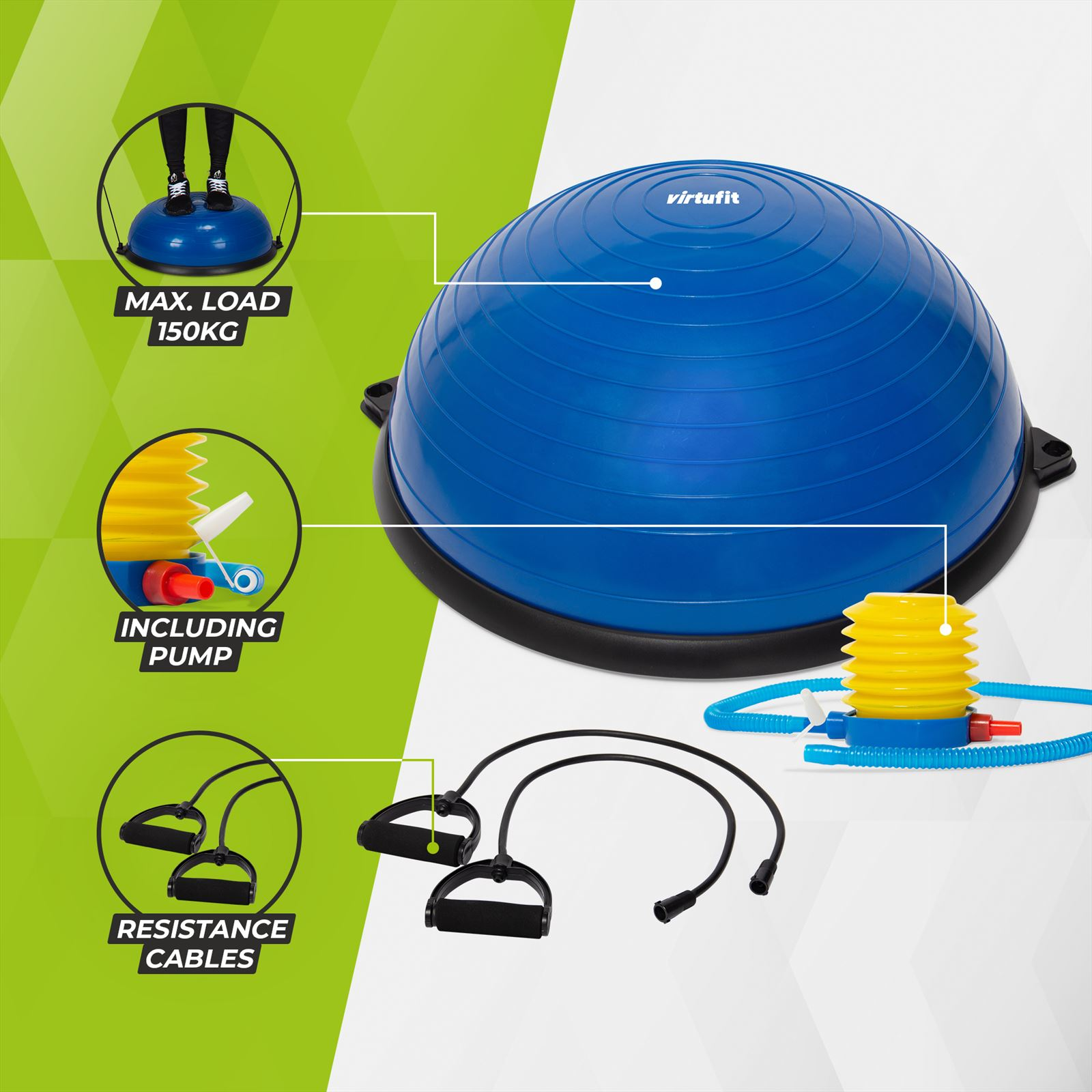 Blauer Balance-Ball mit Pumpe und Widerstandskabeln. Max. Belastung 150 kg. Inklusive Pumpe.