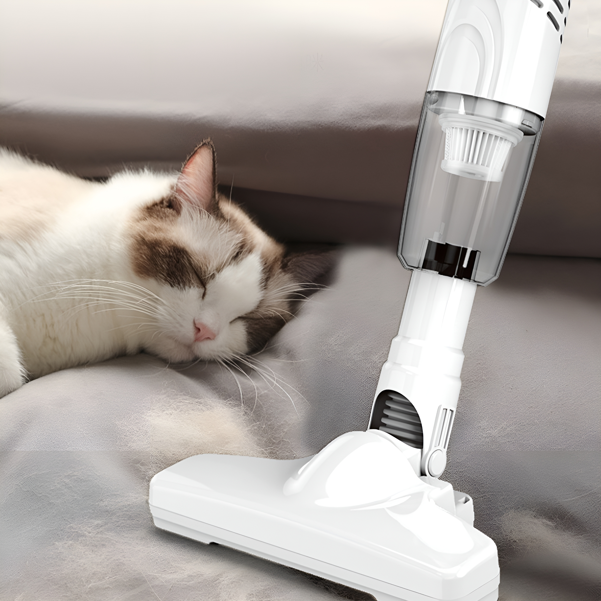 Staubsauger, der Katzenhaare von einer grauen Oberfläche entfernt. Katze liegt auf dem Bett.