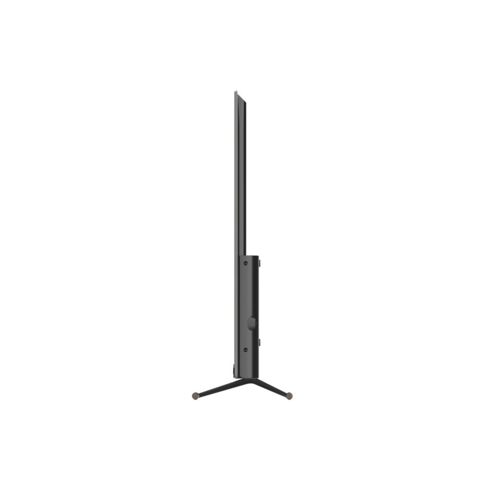 Vista lateral de un televisor negro con patas delgadas. La pantalla está apagada, mostrando un perfil oscuro y delgado.