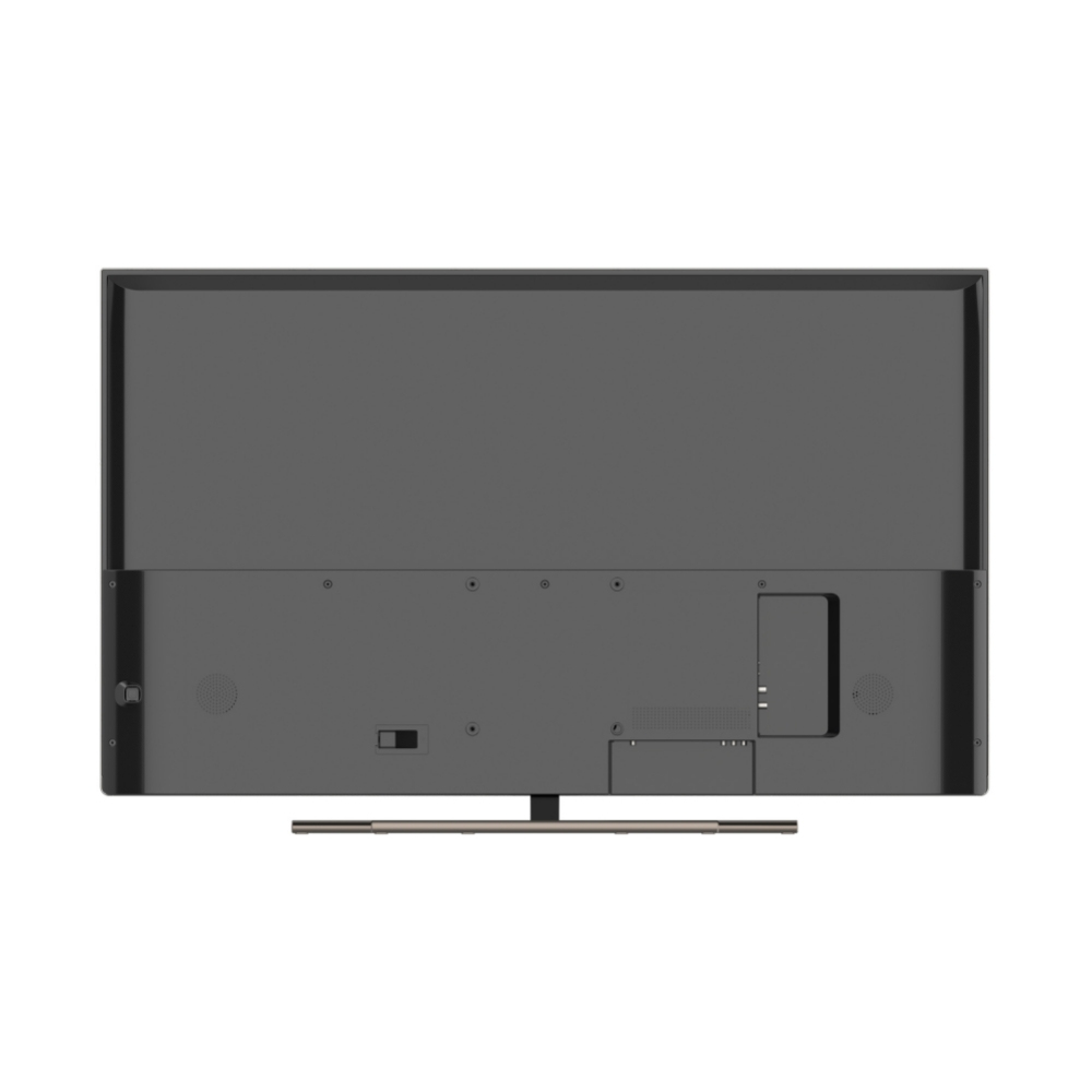 La parte posterior de un televisor gris oscuro con diferentes puertos y orificios de conexión.