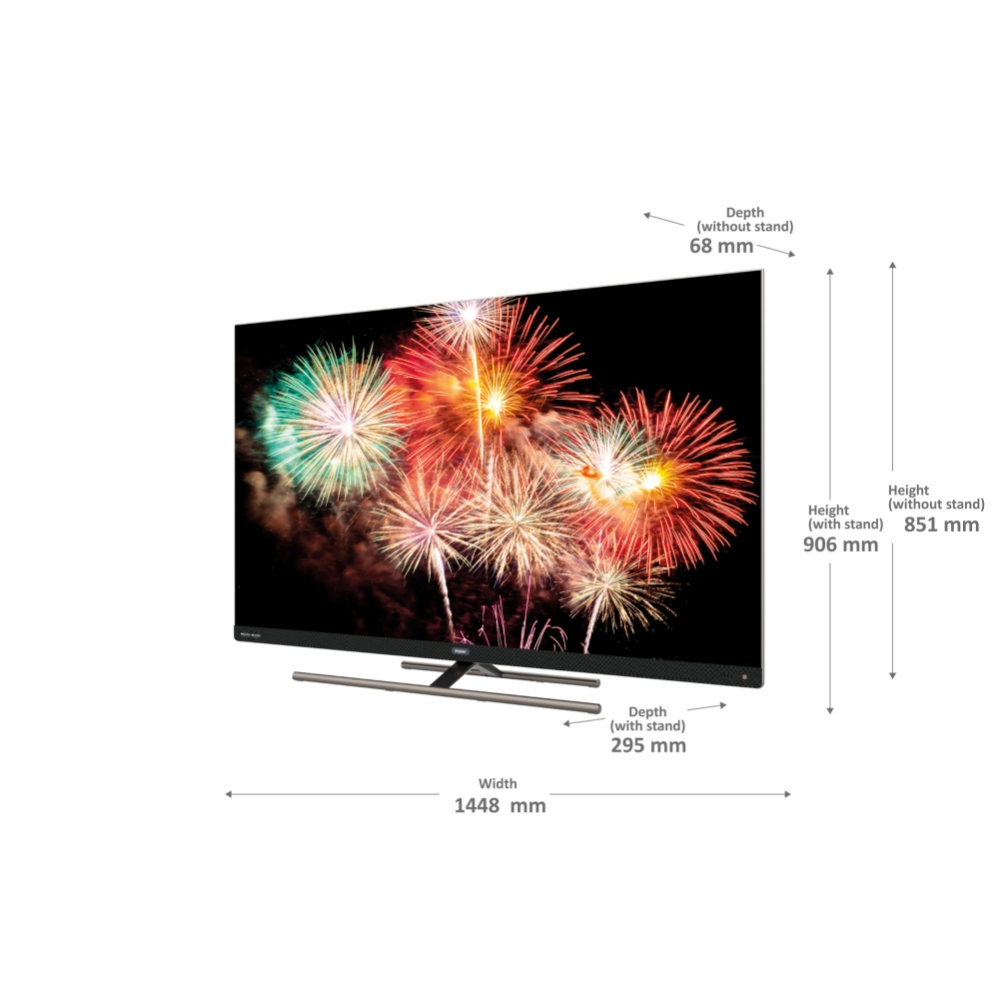 Un televisor con dimensiones y fuegos artificiales en la pantalla.
