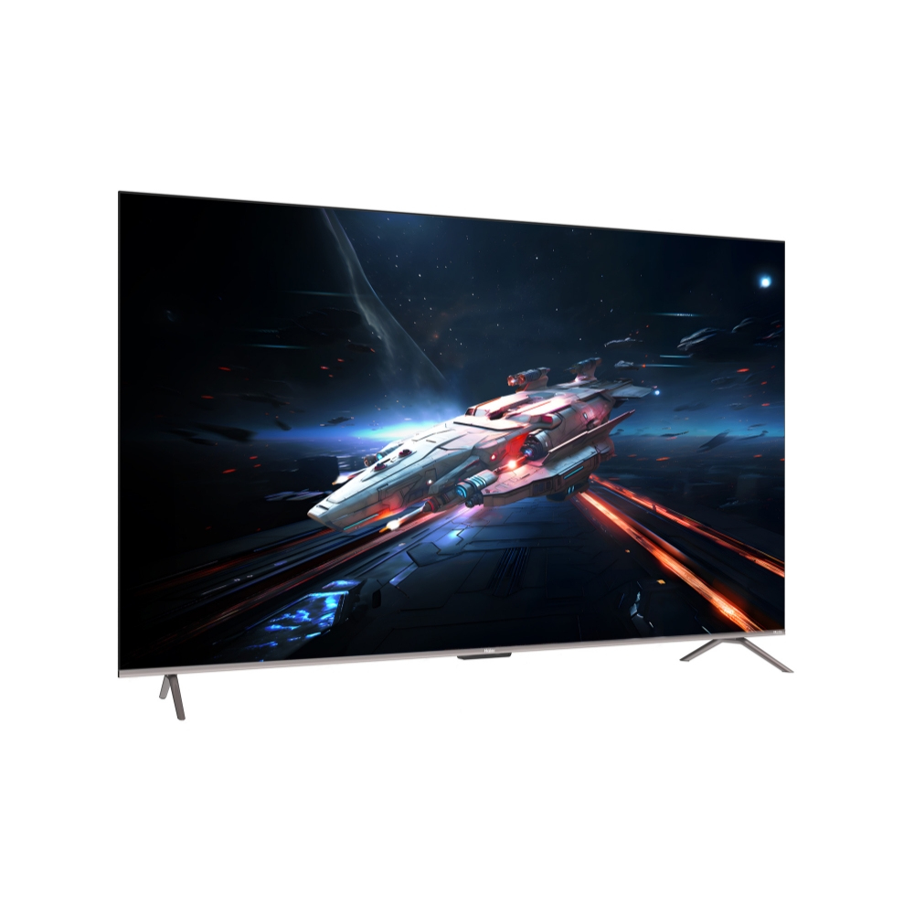 Een grote tv toont een futuristisch ruimteschip in de ruimte, met sterren en kleurrijke lichtstrepen.