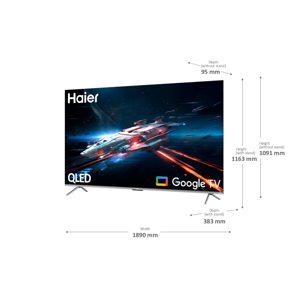 Een QLED tv met een ruimteschipscène op het scherm, met afmetingen en Google TV logo.