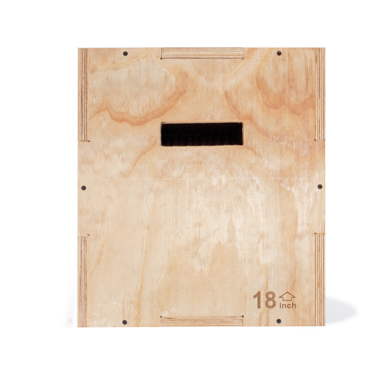 Holzkiste mit 18-Zoll-Etikett, schwarzem Griff und sichtbaren Holzmaserungen.