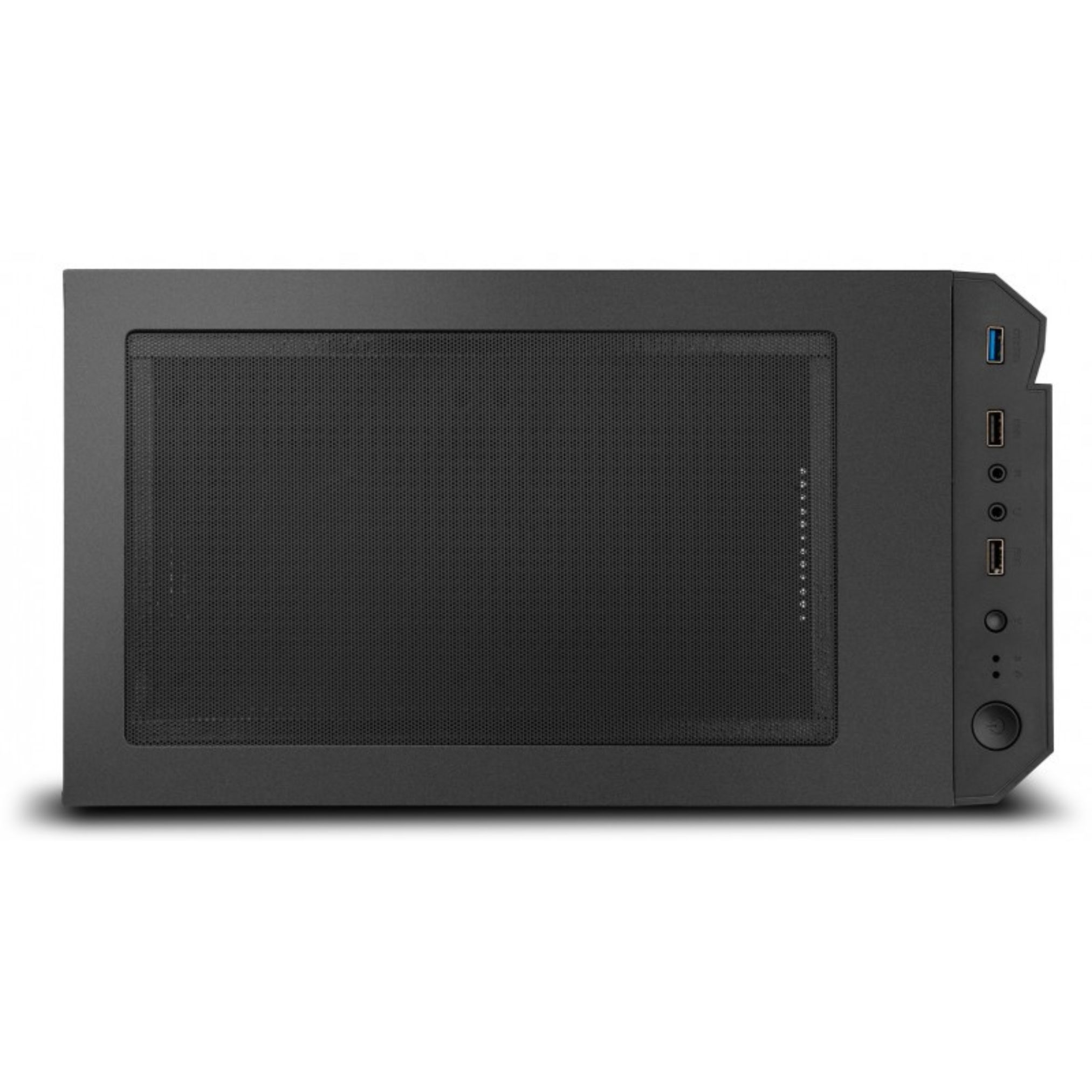 Una caja de ordenador negra con un panel frontal de malla y puertos.