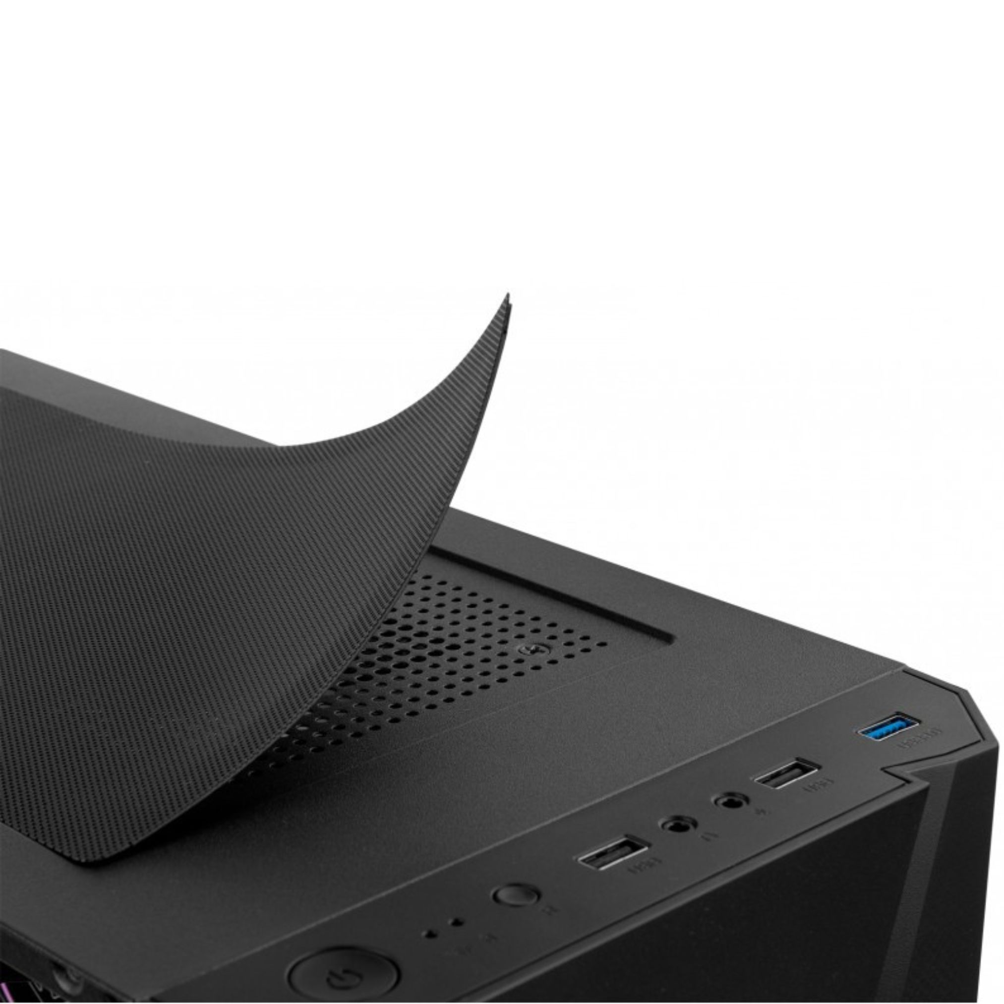 Una carcasa de computadora con una cubierta negra parcialmente levantada. La carcasa es negra con ventilaciones y puertos USB visibles.