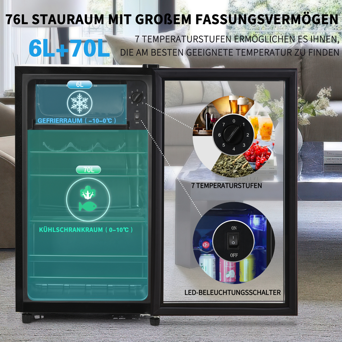 Ein kleiner Kühlschrank mit Glastür, der das Innere mit Regalen und Temperaturanzeigen zeigt. Die Tür ist offen.