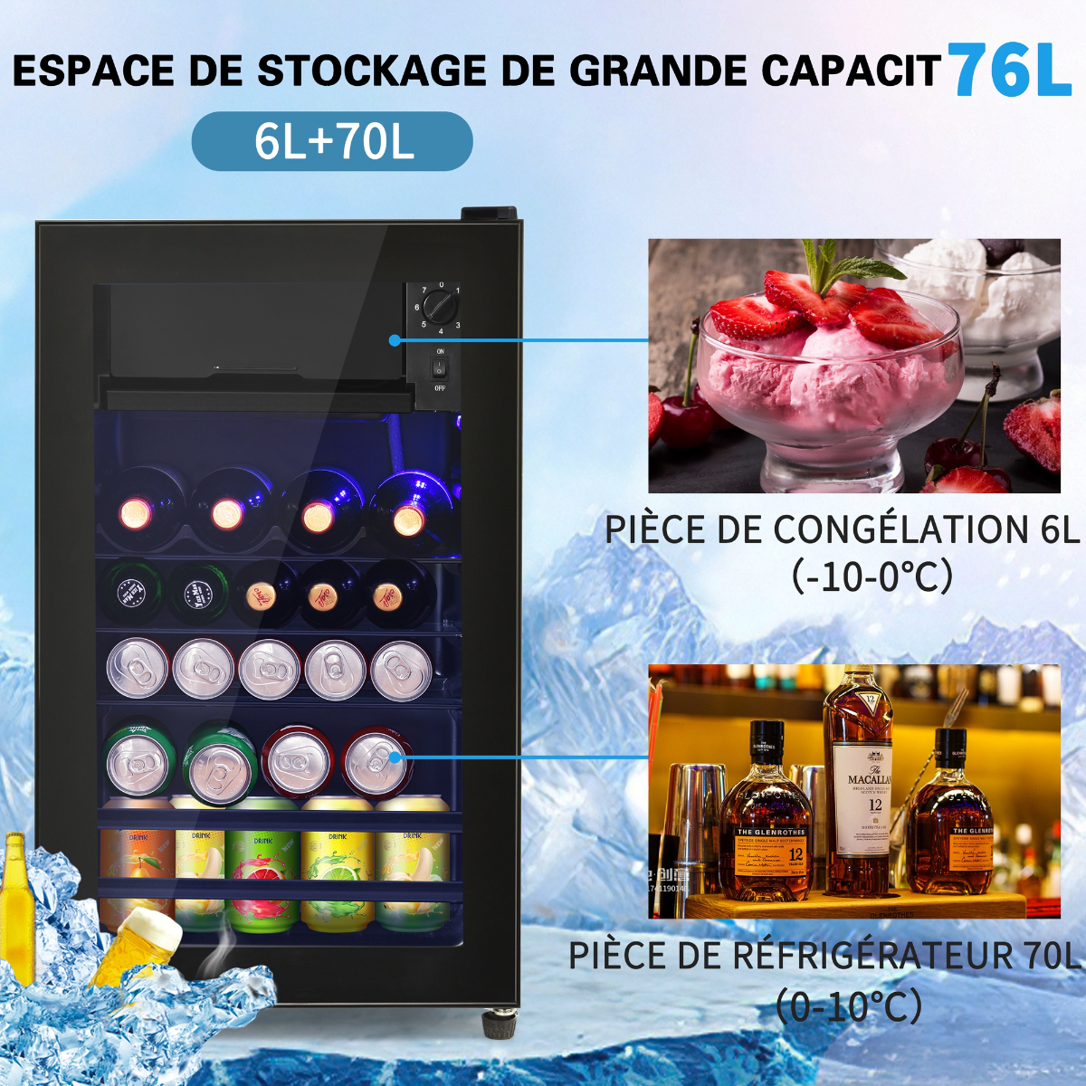 Ein schwarzer Kühlschrank mit Wein, Getränken und Eis, mit französischen Textetiketten.