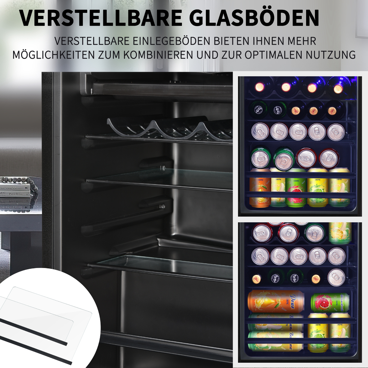 Ein Kühlschrank mit verstellbaren Glasböden, mit Getränken darin, und eine Nahaufnahme der Böden.