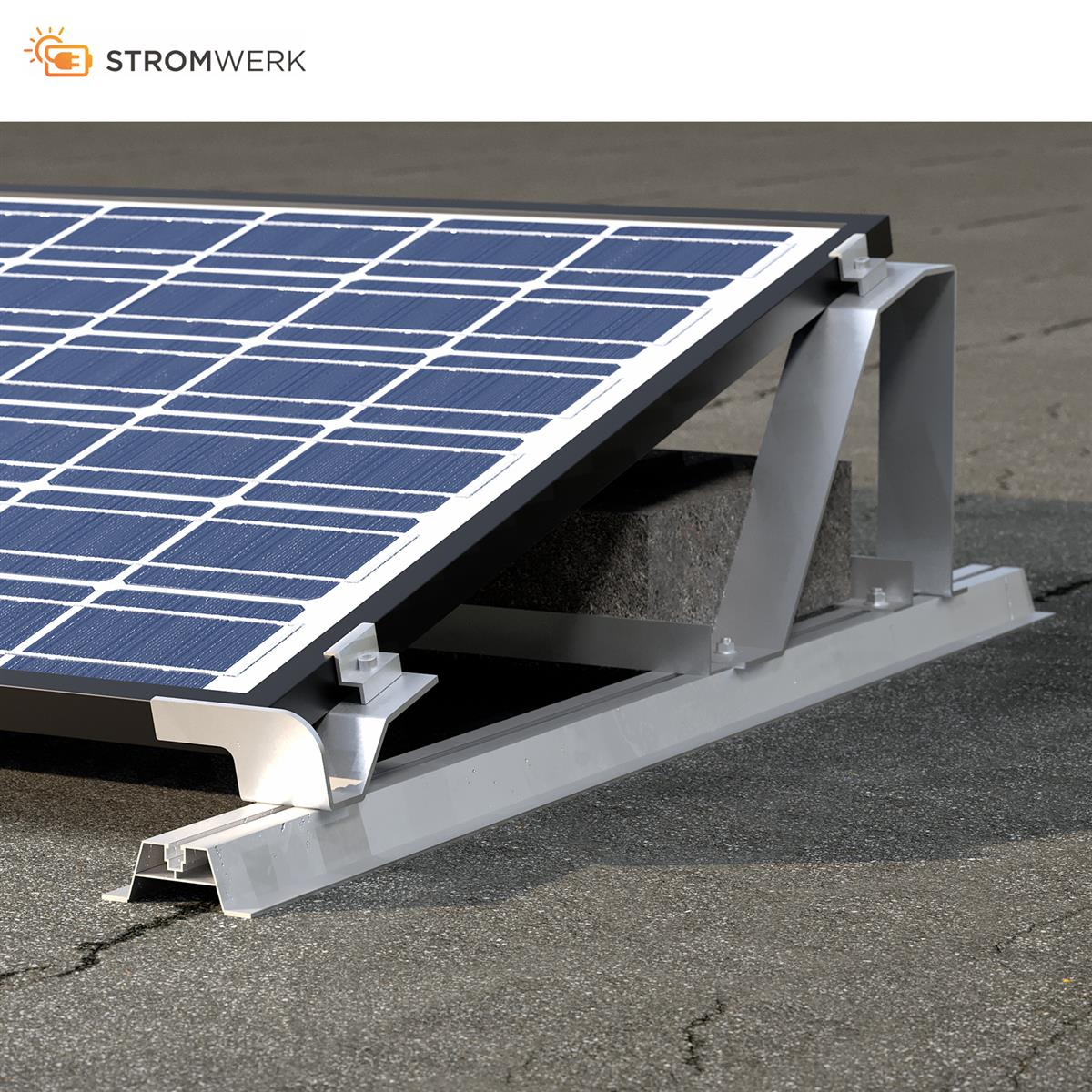 Solarpanel-Installation auf einem Dach, zeigt Paneele, Tragstruktur und Befestigungsmaterial. Graue und blaue Farben.