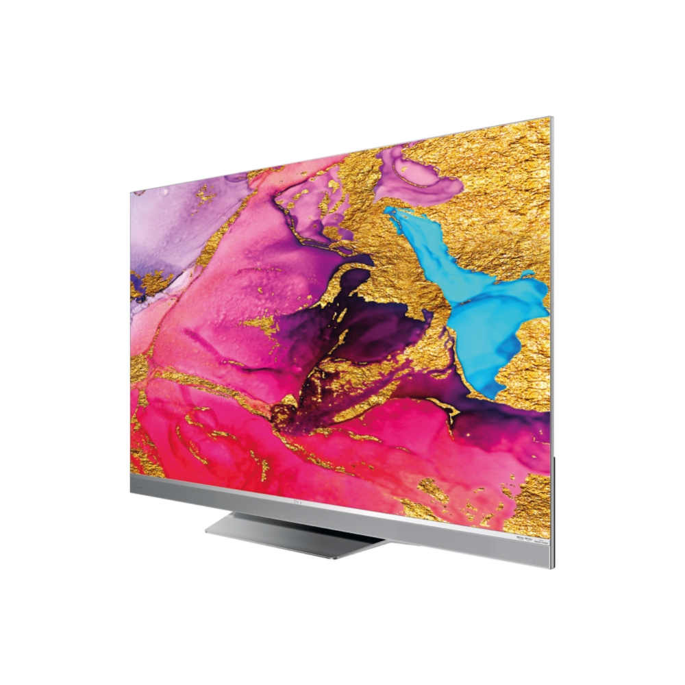 Eine schräge Ansicht eines Fernsehers, der ein farbenfrohes, abstraktes Gemälde in Gold-, Rosa- und Blautönen zeigt.