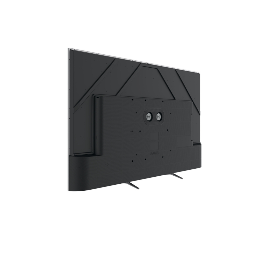 Rückseite eines Fernsehers, schwarz mit geometrischen Mustern, zwei runde Halterungen.