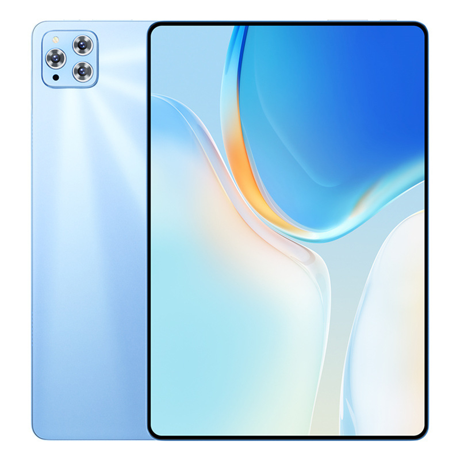 Ein hellblaues Tablet mit Dreifachkamera auf der Rückseite, schwarzem Rahmen und blauem Hintergrundbild.