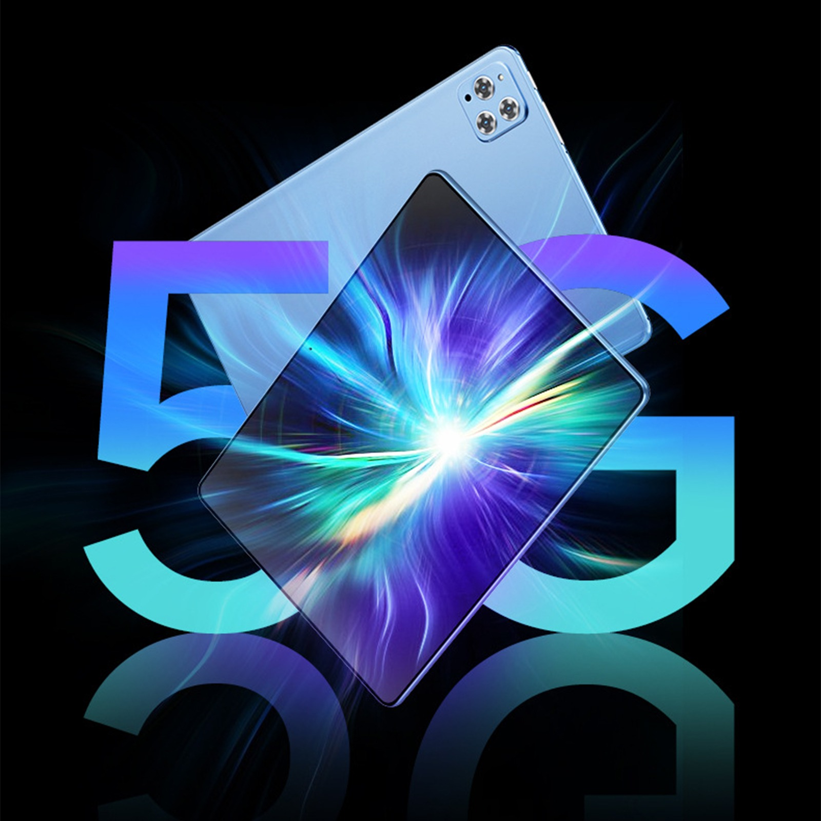 Ein blaues 5G-Tablet vor dunklem Hintergrund. Das Tablet ist geneigt, und das 5G-Logo ist sichtbar.