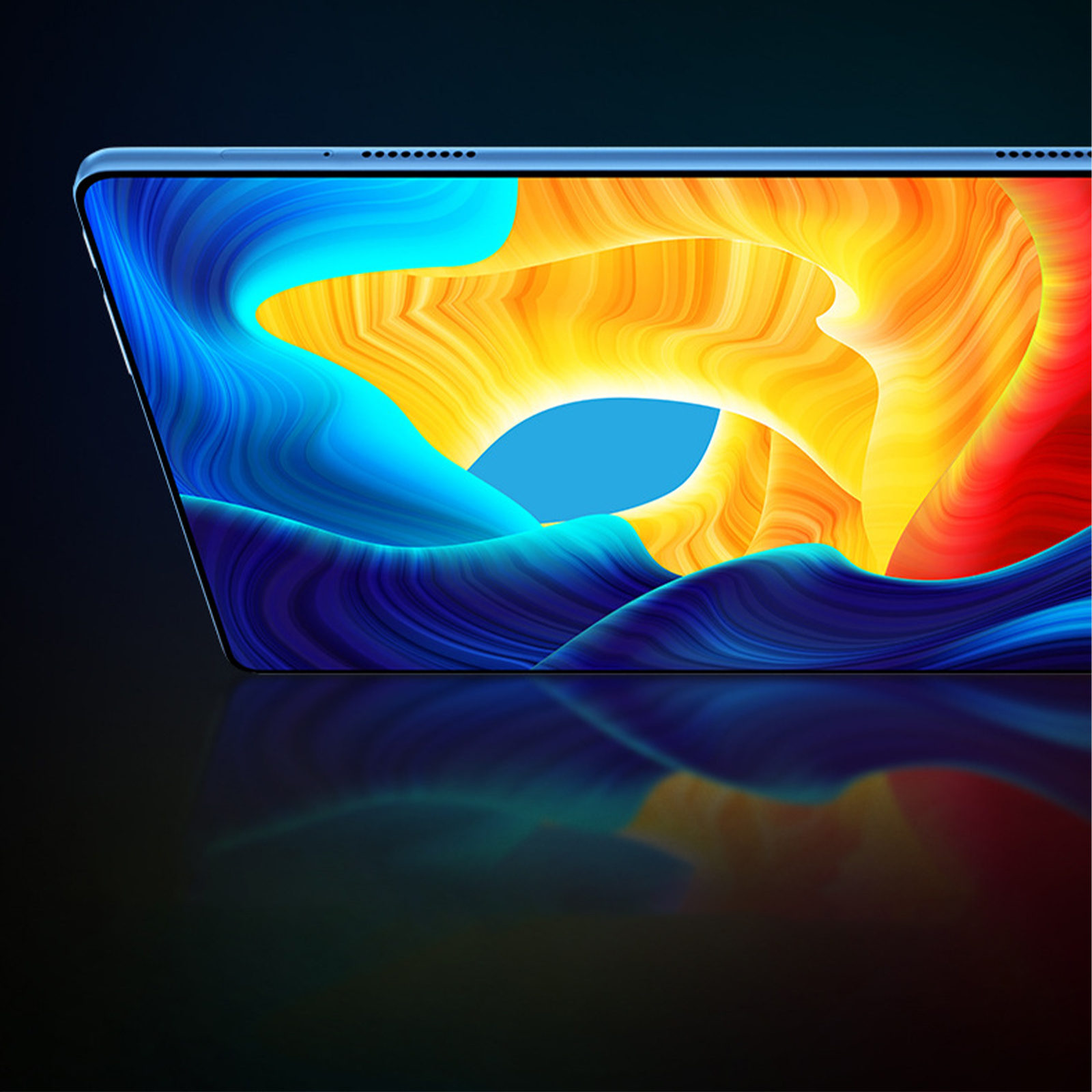 Ein Tablet-Bildschirm, der ein farbenfrohes abstraktes Design zeigt, blauer Rahmen.