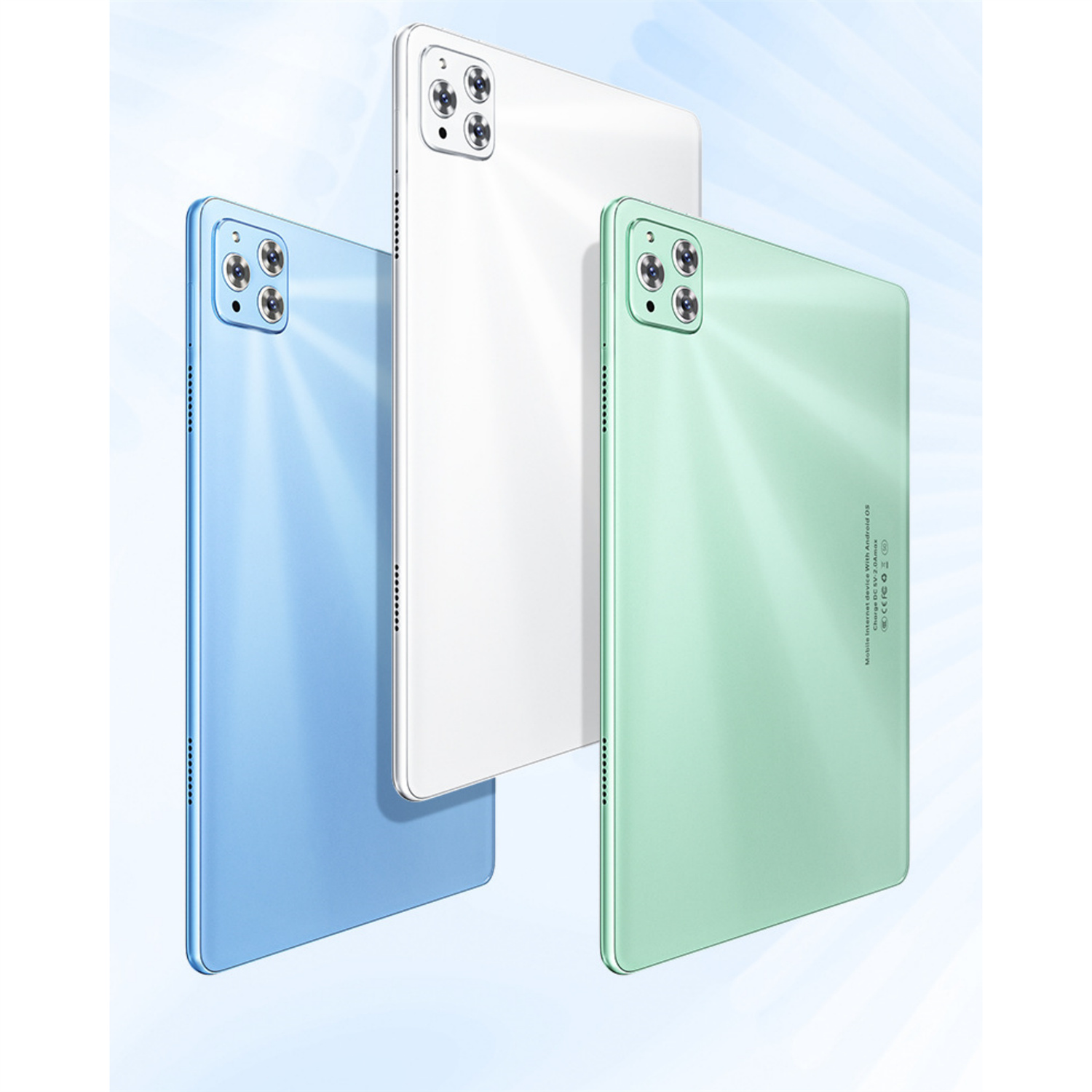 Drei Tablets in Blau, Weiß und Grün. Die Rückseite mit Kamera und Logo wird angezeigt.