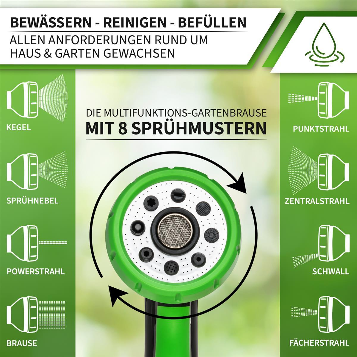 Ein grüner und schwarzer Gartensprüher mit 8 Sprühmustern.