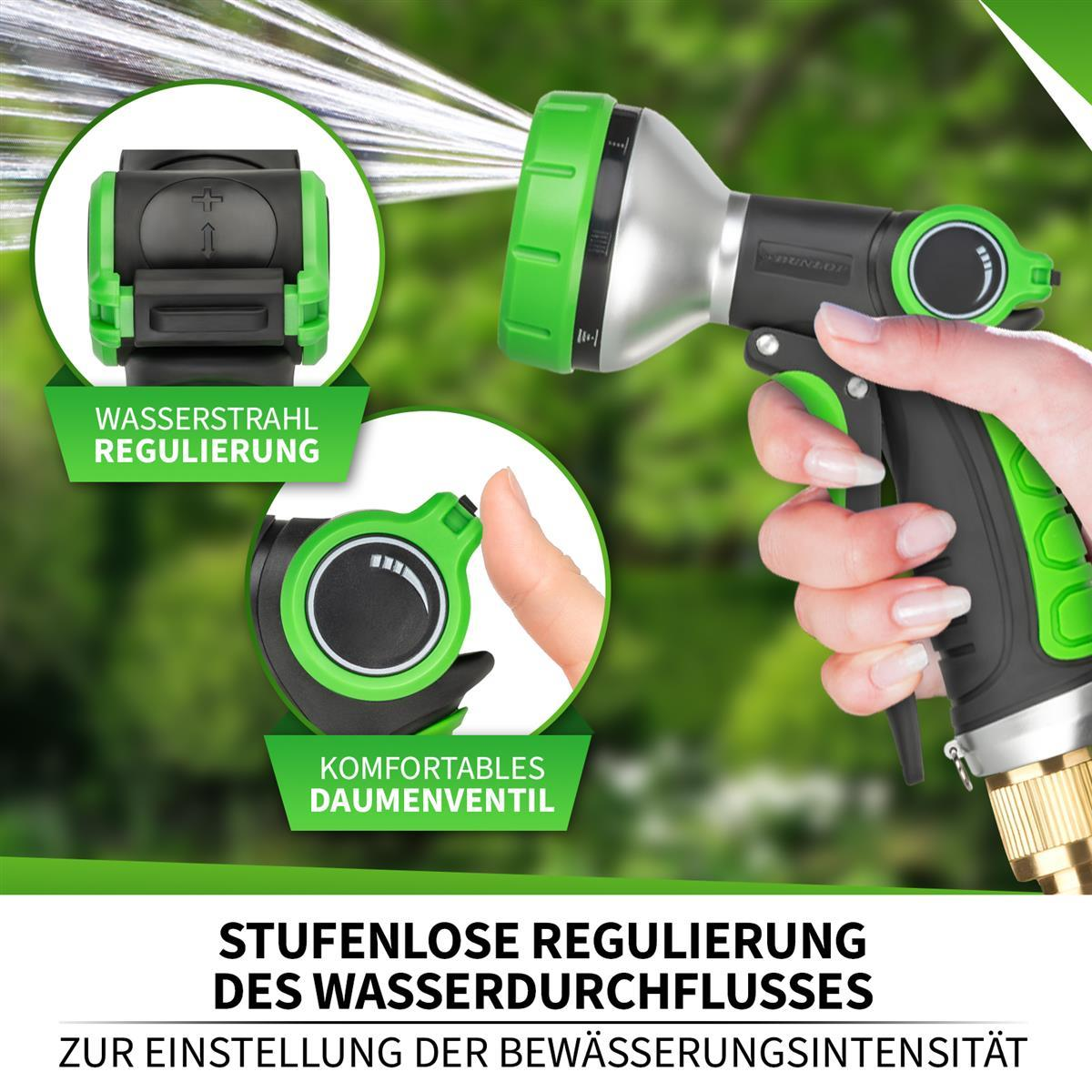 Grüne und silberne Gartenschlauchdüse mit Wasserstrahl. Nahaufnahmen zeigen Wasserfluss und Daumensteuerung.