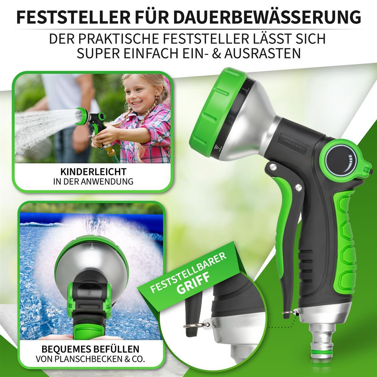 Grüner und schwarzer Wassersprüher und ein kleines Mädchen, das mit dem Wasser spielt. Grüner Hintergrund.