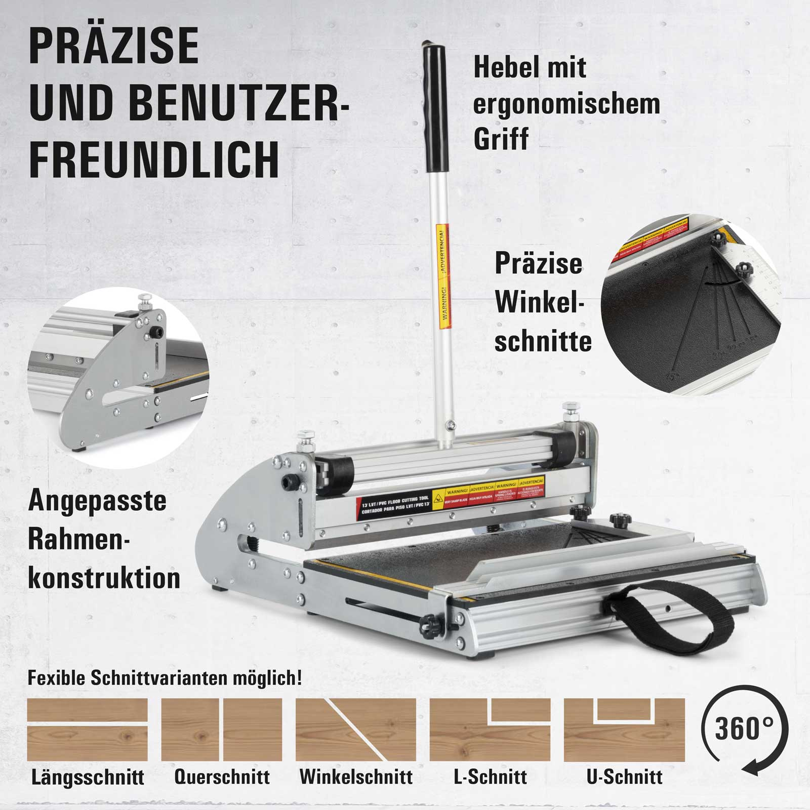 Silbernes und schwarzes Schneidwerkzeug mit schwarzem Griff, verwendet für Holzschnitte, mit deutschem Text.