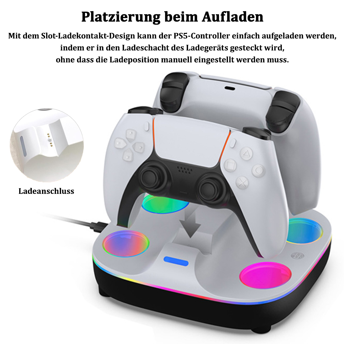 Eine weiße PS5-Controller-Ladestation mit Controllern und bunten Lichteffekten.