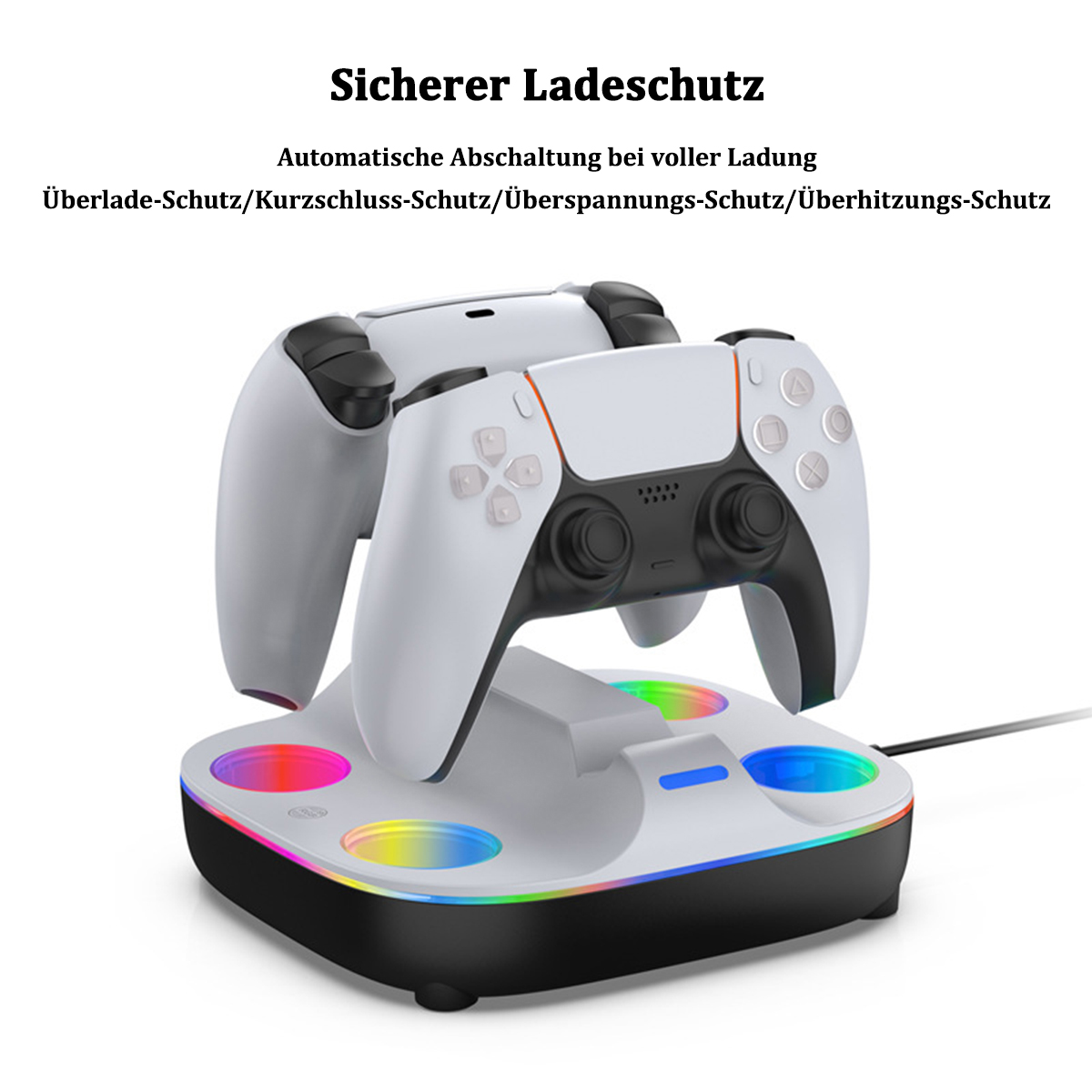 Eine weiße Gamecontroller-Ladestation mit bunten Lichtern.