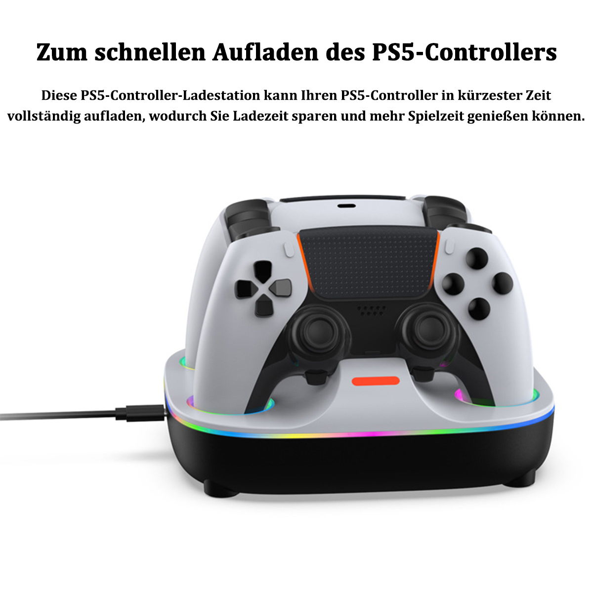 Weißer und schwarzer PlayStation 5-Controller auf einer Ladestation mit bunten Lichtern.