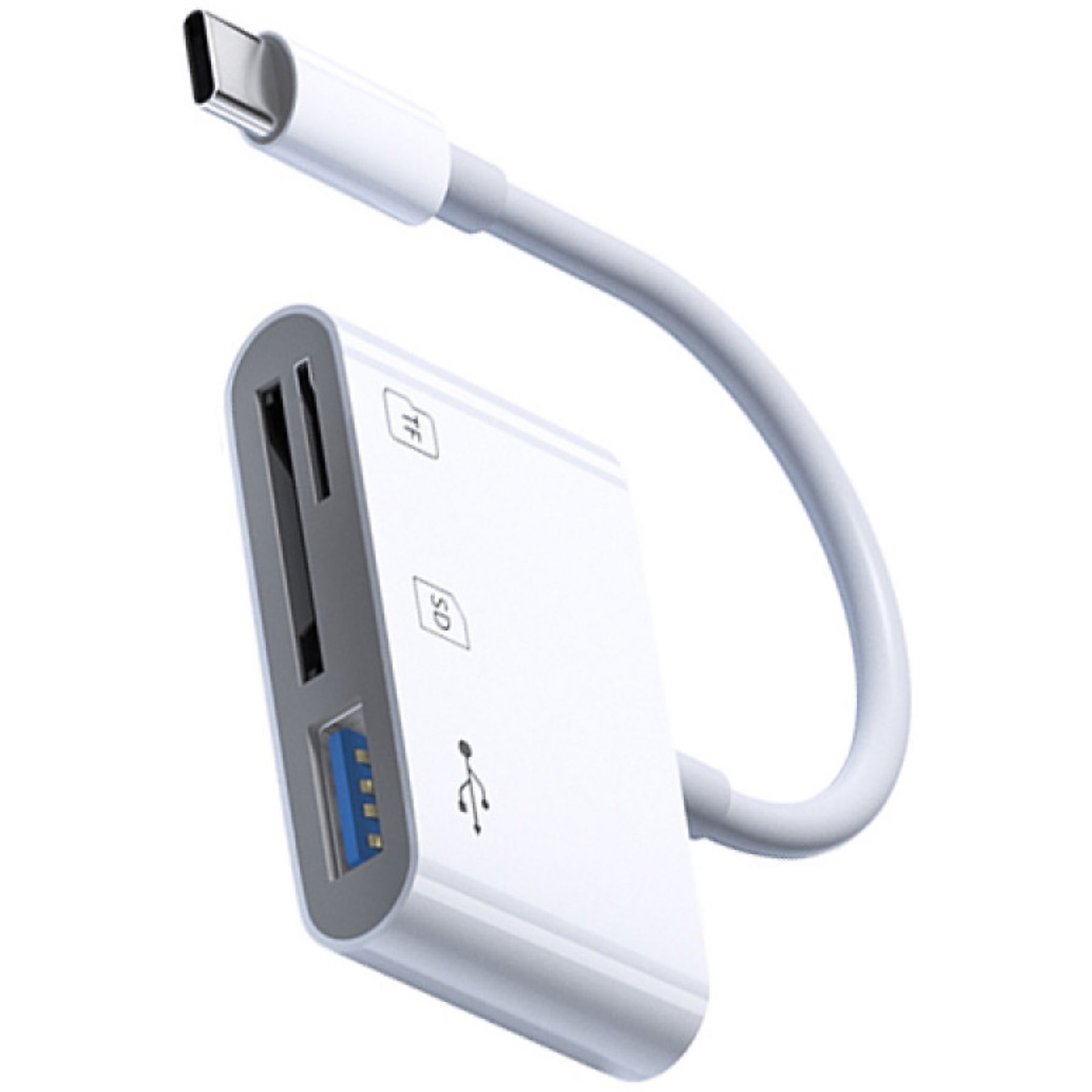 Weißer USB-C-Adapter mit SD-Karte, USB- und TF-Kartensteckplätzen.