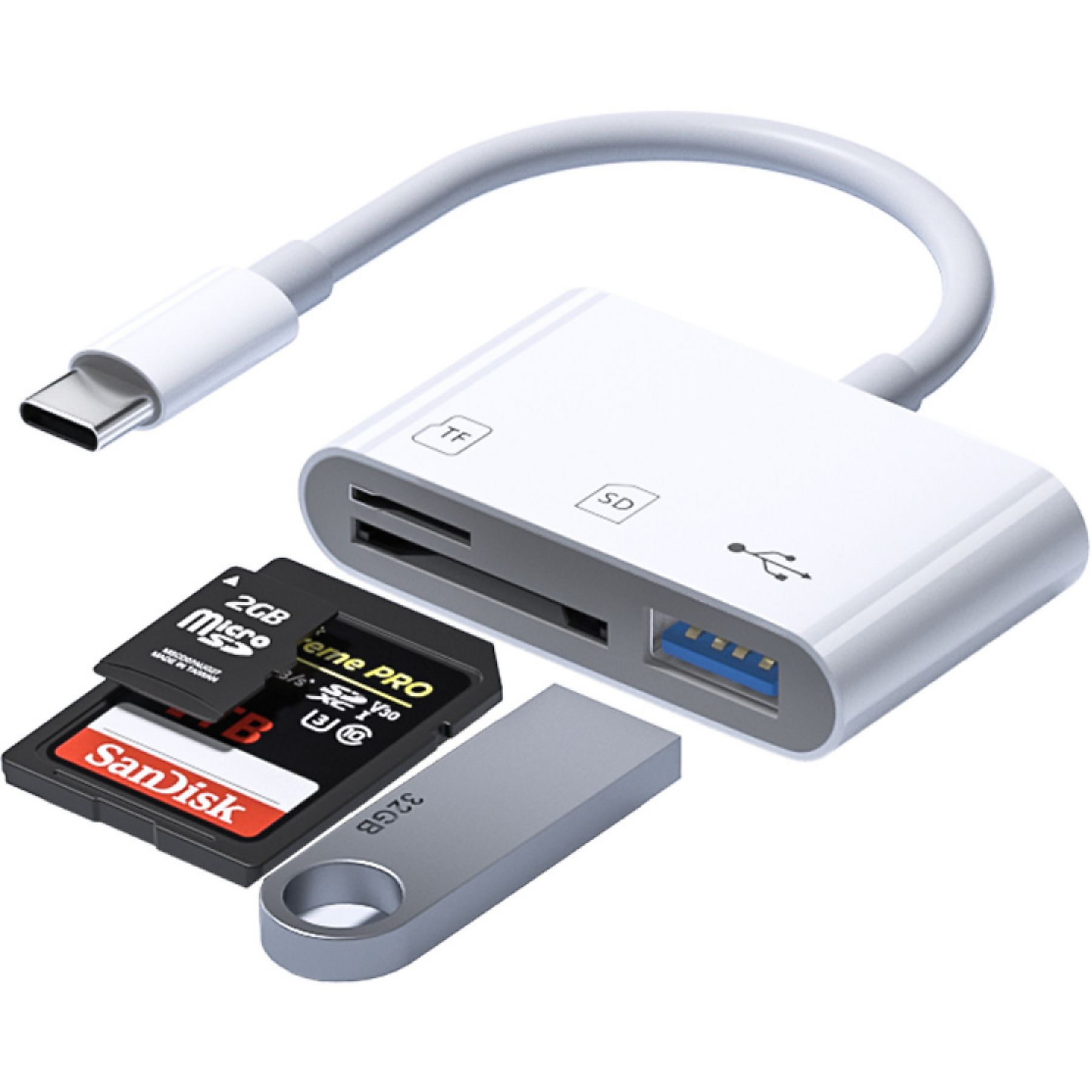 Ein weißes Kartenlesegerät mit USB-, SD- und Micro-SD-Kartensteckplätzen sowie einem USB-C-Kabel.